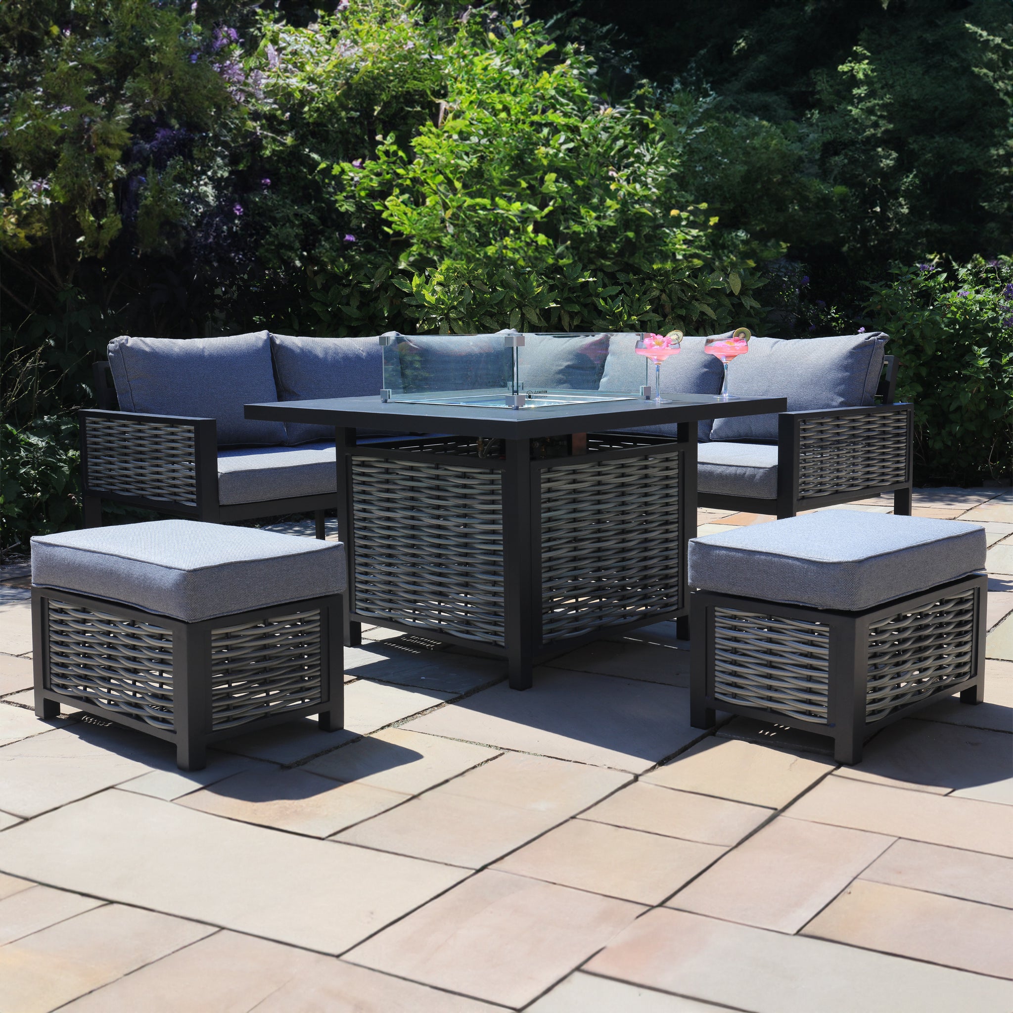 Weaved Rattan Small Casual Dining Set with Firepit Table