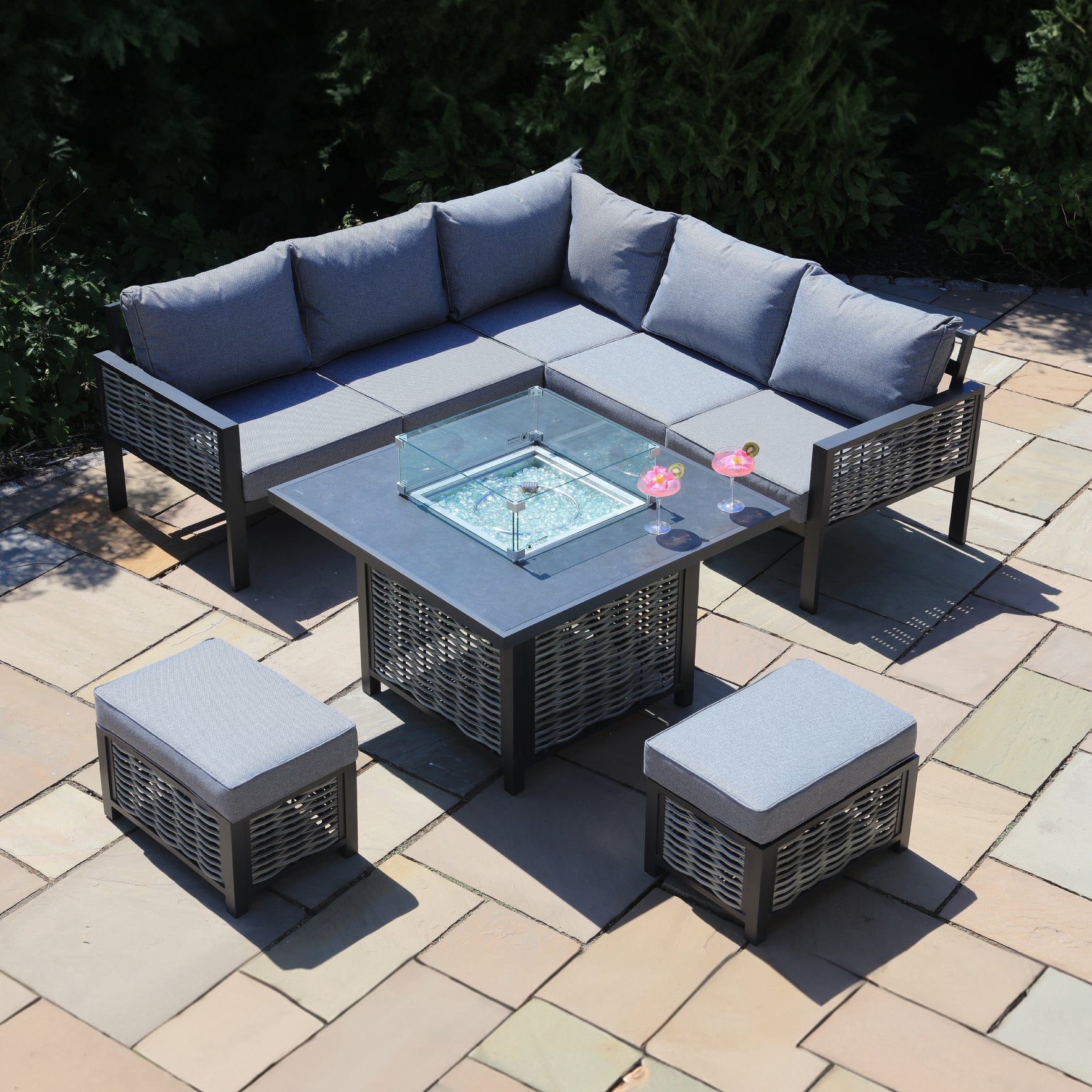 Weaved Rattan Small Casual Dining Set with Firepit Table