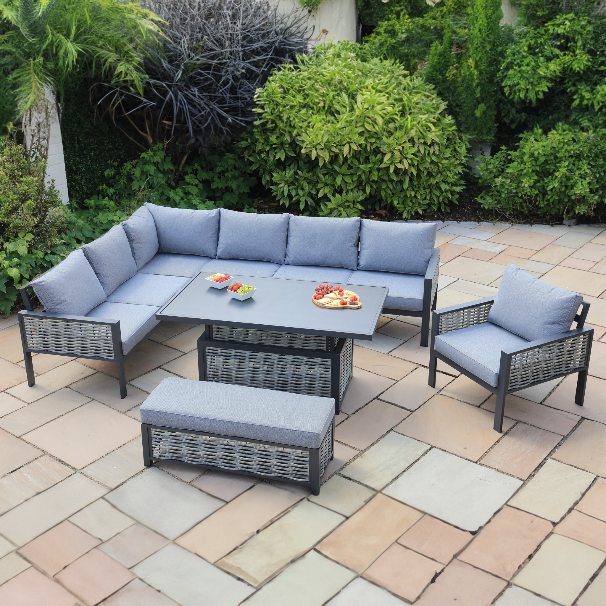 Aluminium / Rattan Weave Rectangular Casual Dining Set with Rising Table