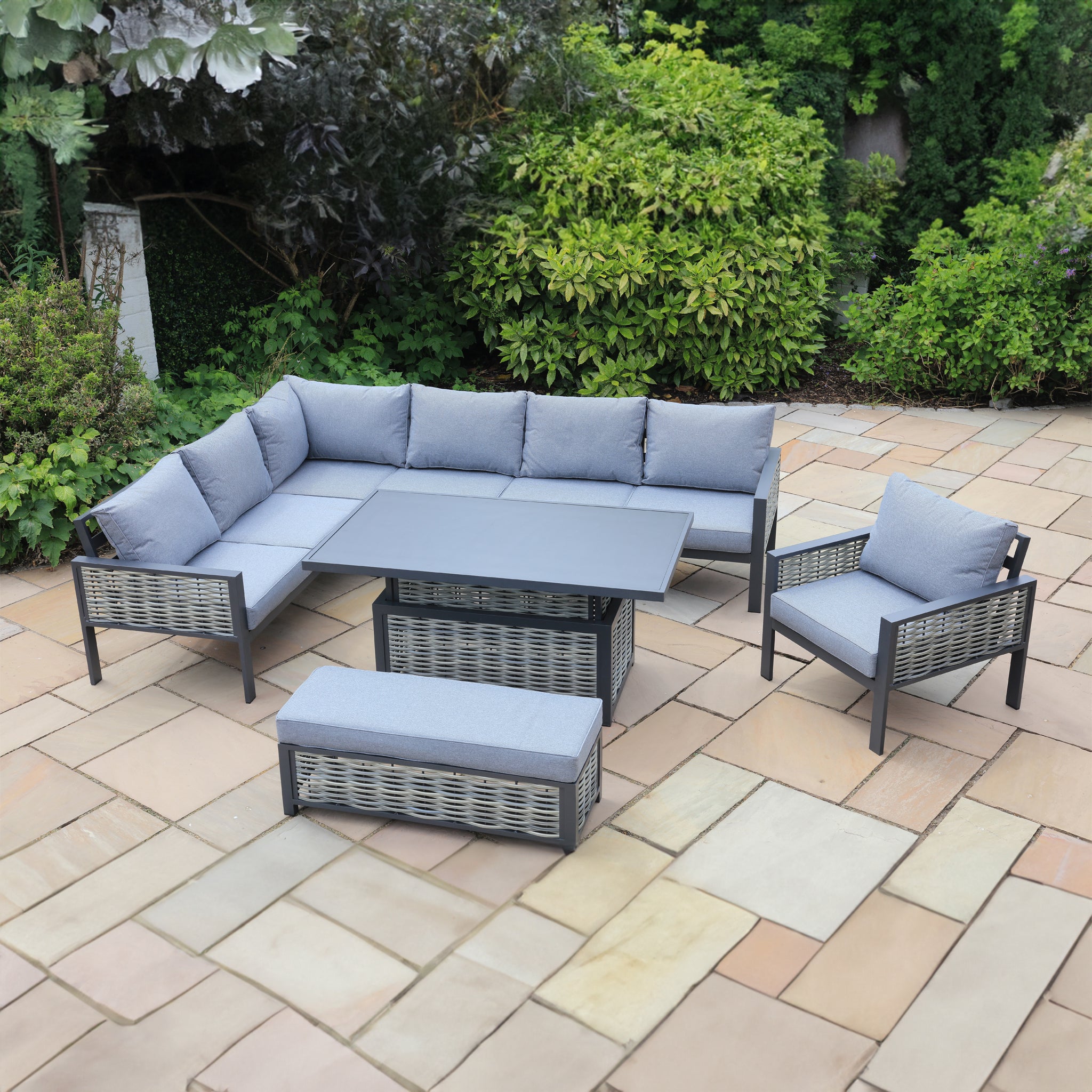 Aluminium / Rattan Weave Rectangular Casual Dining Set with Rising Table
