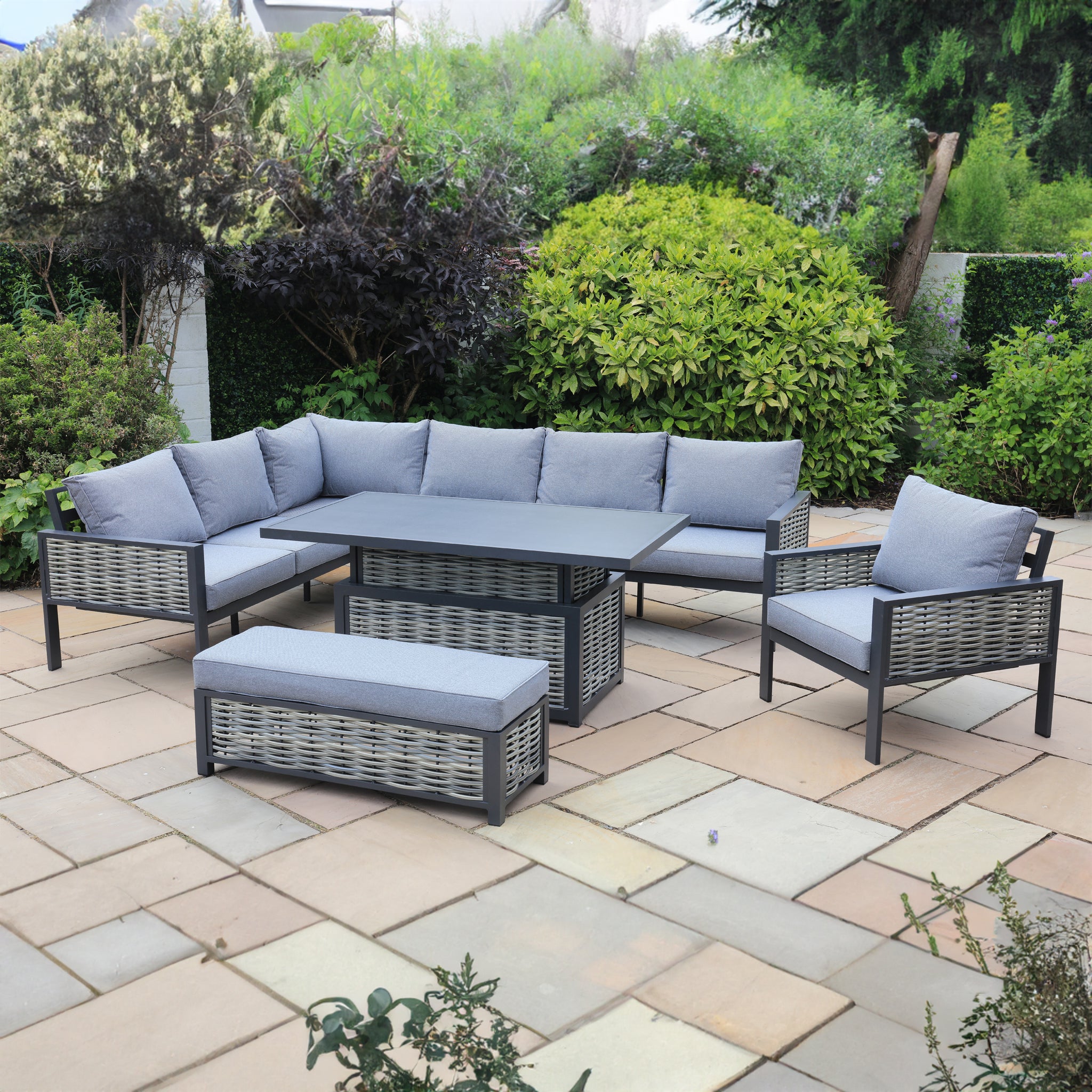 Aluminium / Rattan Weave Rectangular Casual Dining Set with Rising Table