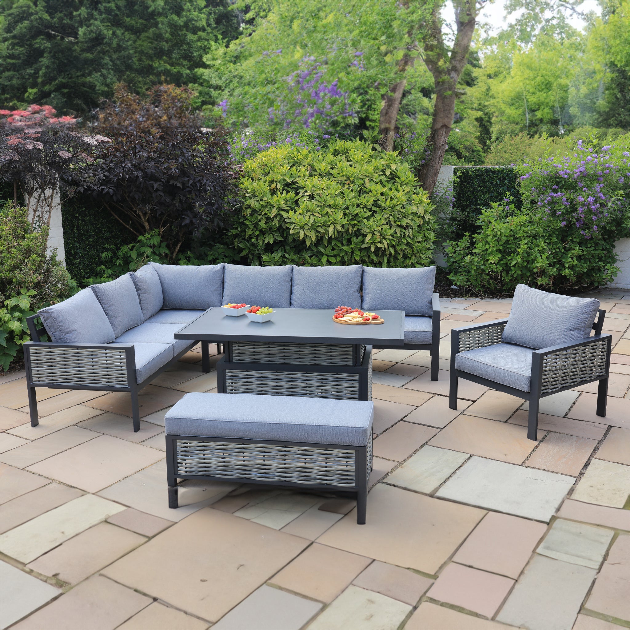 Aluminium / Rattan Weave Rectangular Casual Dining Set with Rising Table