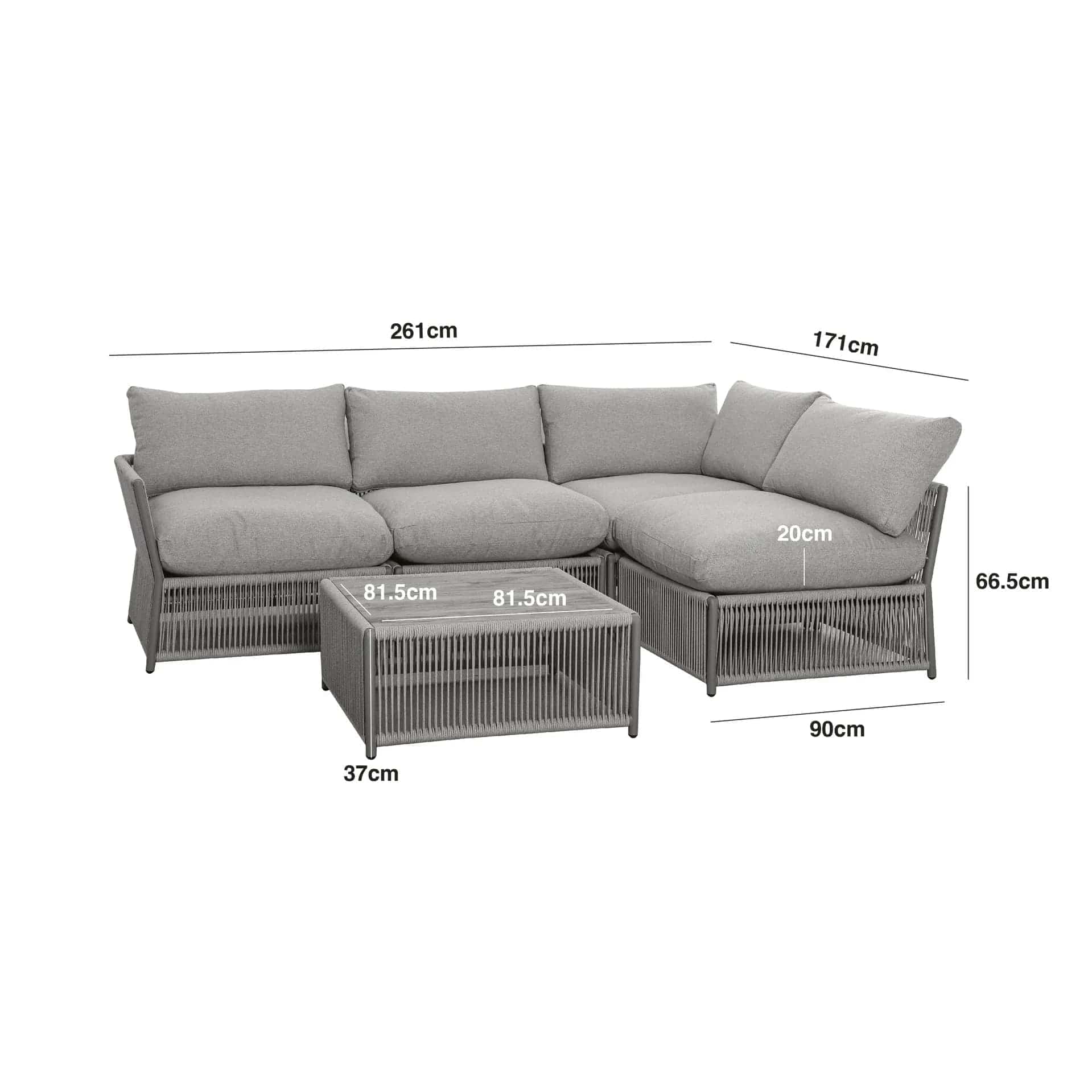 dimension footprint of a Light grey coloured rope weave corner sofa set