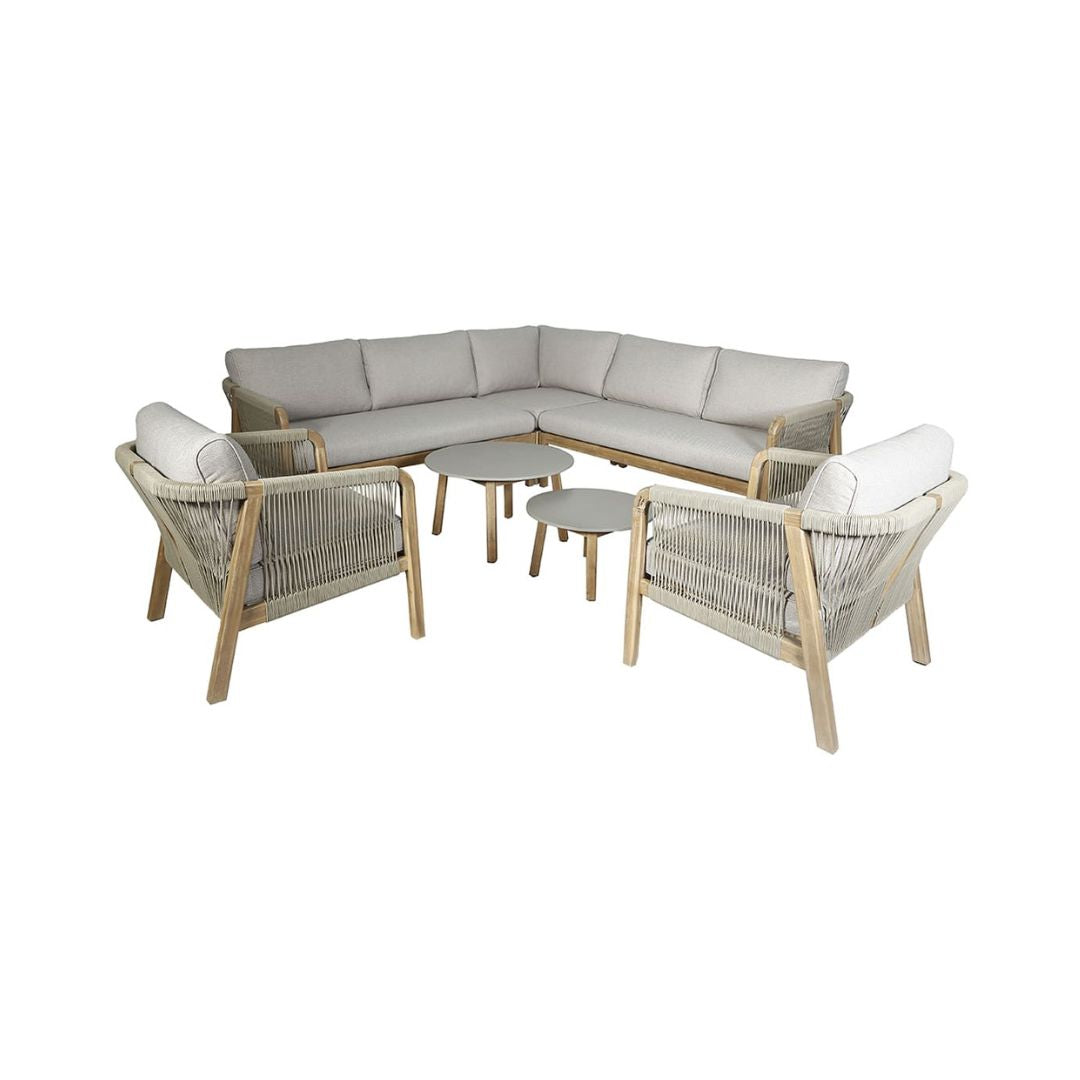 Light Brown Rope and Acacia Wood Corner Sofa Set with 2 Waxed Polish Concrete Round Coffee Tables and 2 Armchairs