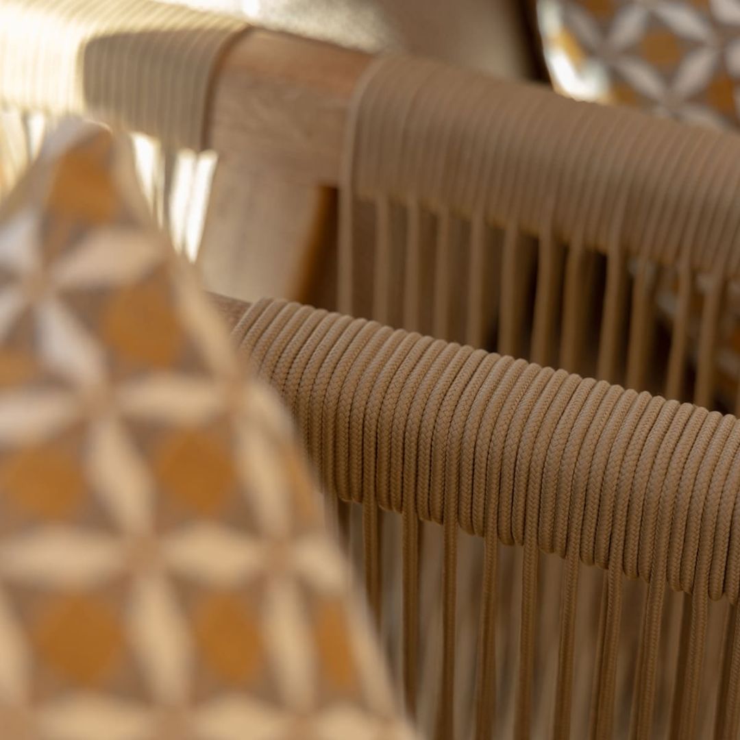Light Brown Rope and Acacia Wood Lounge Set with 2 Waxed Polish Concrete Round Coffee Tables