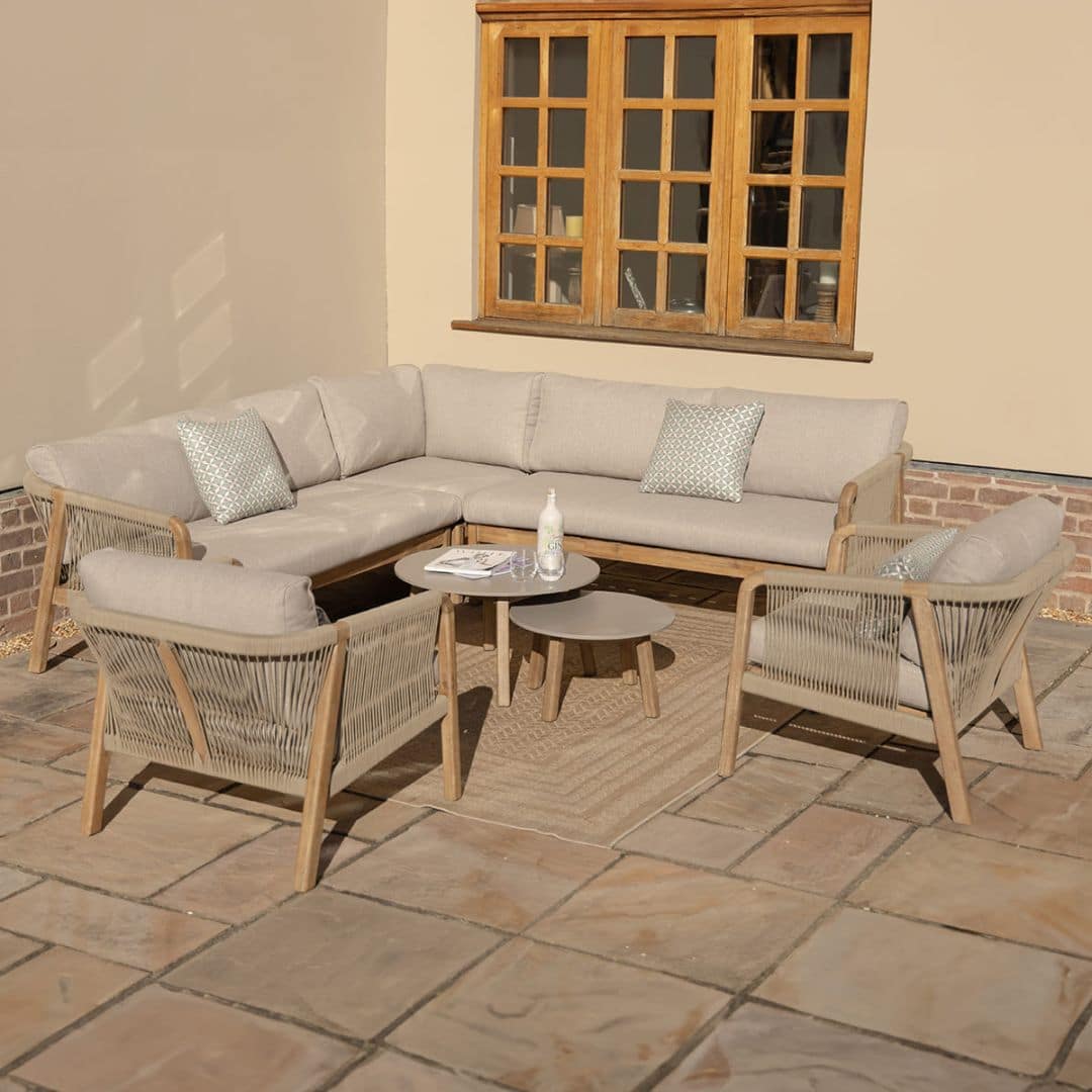 Light Brown Rope and Acacia Wood Corner Sofa Set with 2 Waxed Polish Concrete Round Coffee Tables and 2 Armchairs