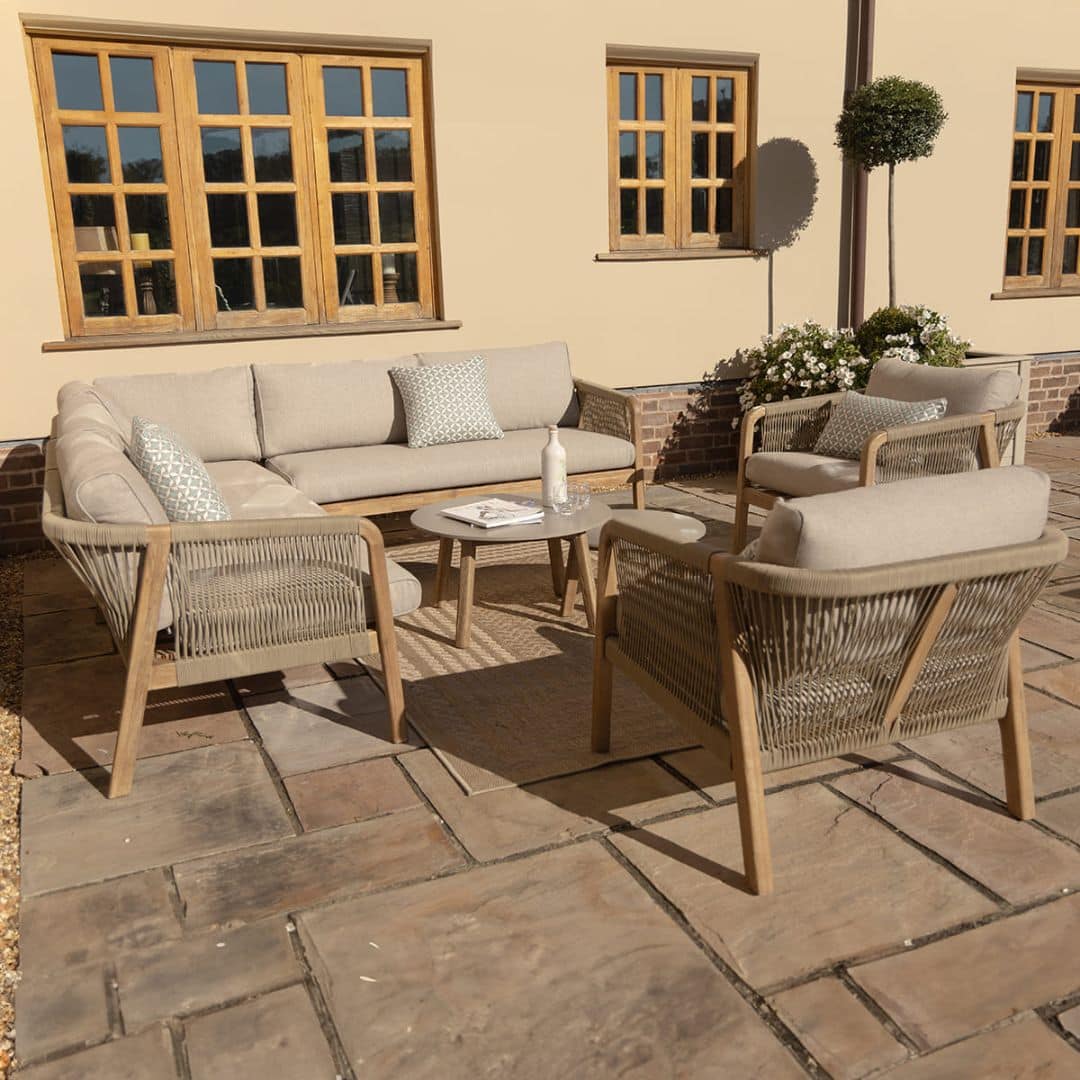 Light Brown Rope and Acacia Wood Corner Sofa Set with 2 Waxed Polish Concrete Round Coffee Tables and 2 Armchairs