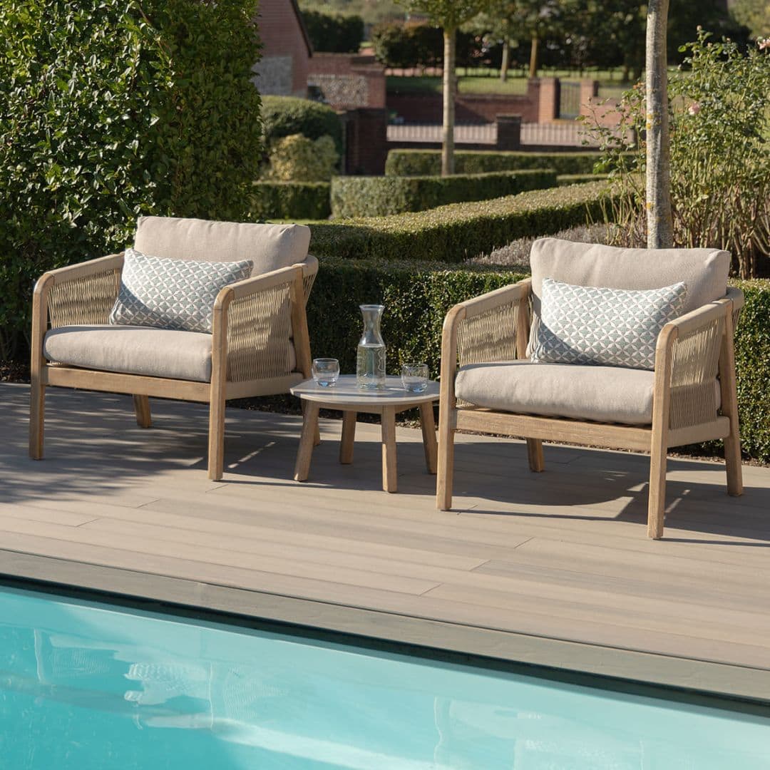 Light Brown Rope and Acacia Wood Lounge Set with 2 Waxed Polish Concrete Round Coffee Tables