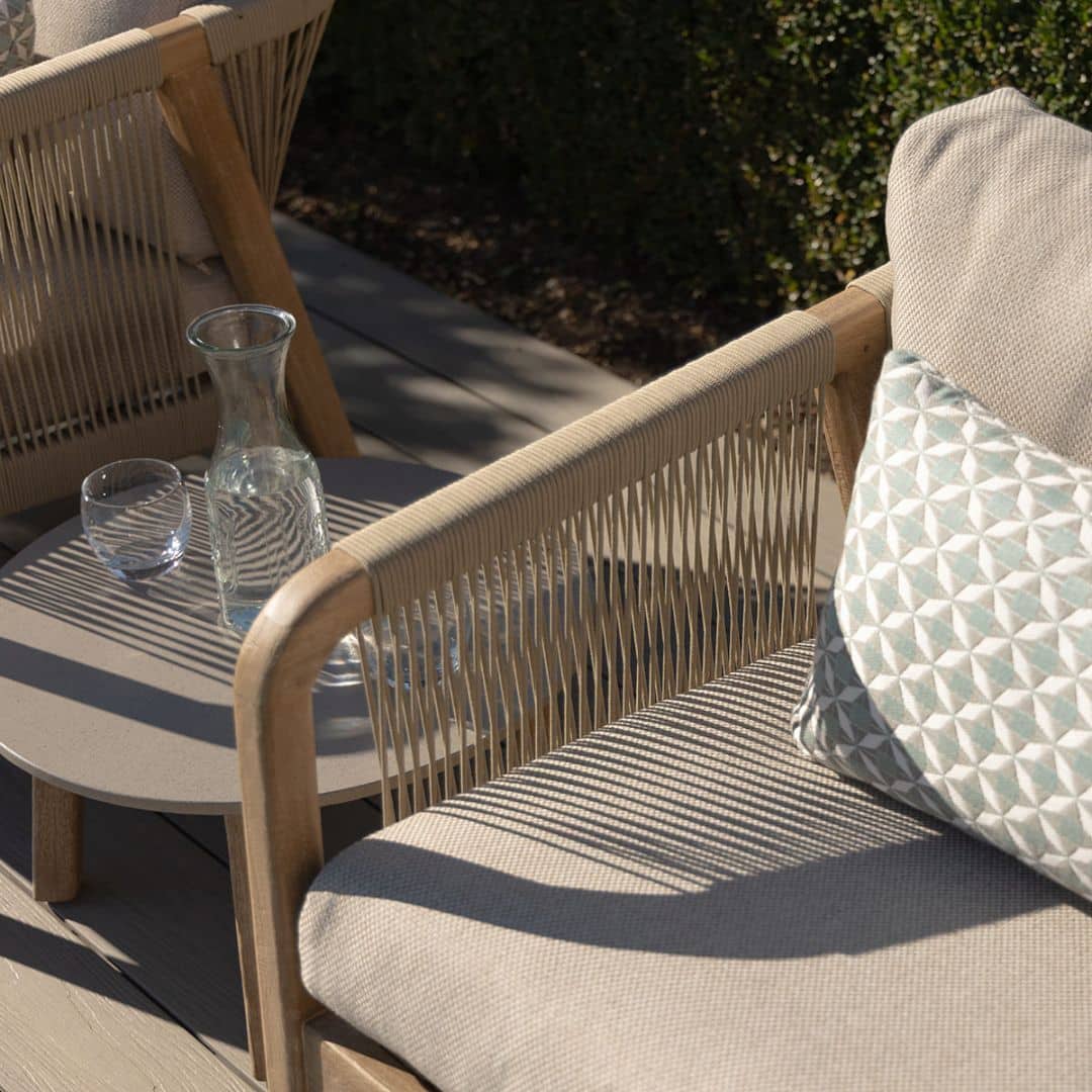 Light Brown Rope and Acacia Wood Lounge Set with 2 Waxed Polish Concrete Round Coffee Tables