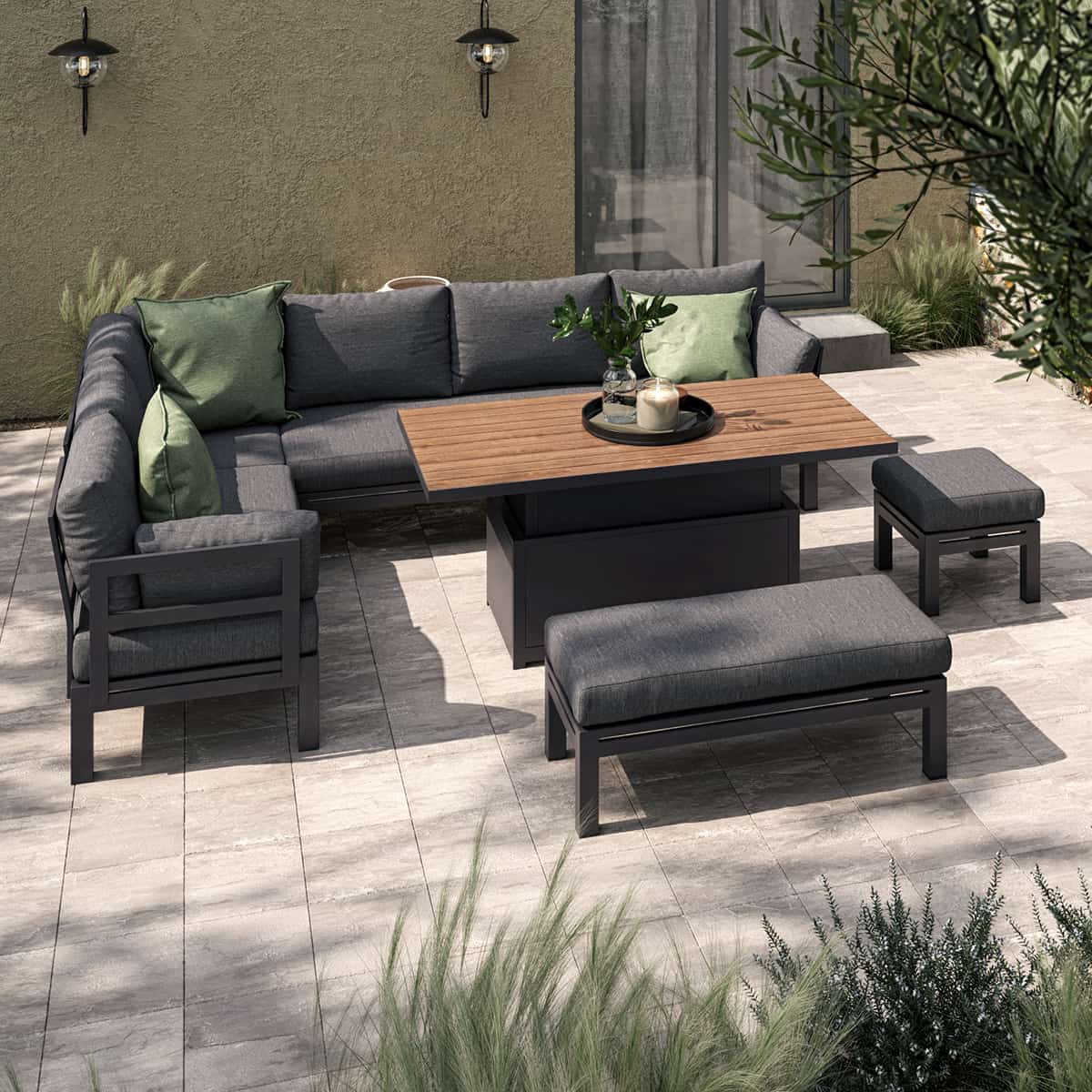Aluminium corner sofa set with a bench, stool and rectangular rising table with teak table top #colour_charcoal