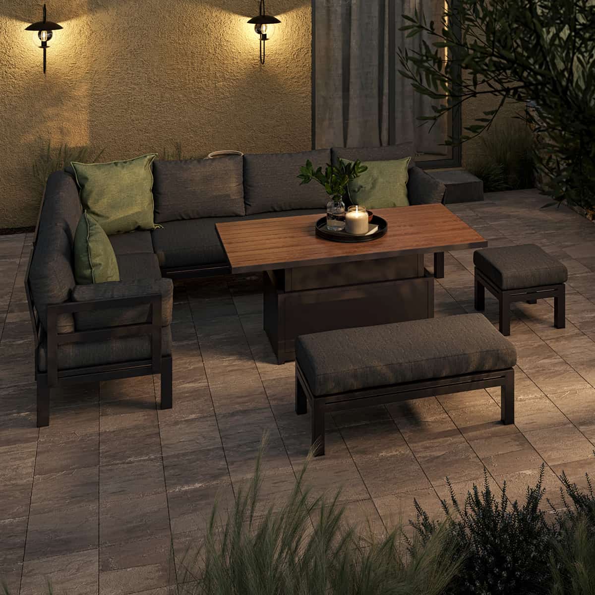 Aluminium corner sofa set with a bench, stool and rectangular rising table with teak table top #colour_charcoal