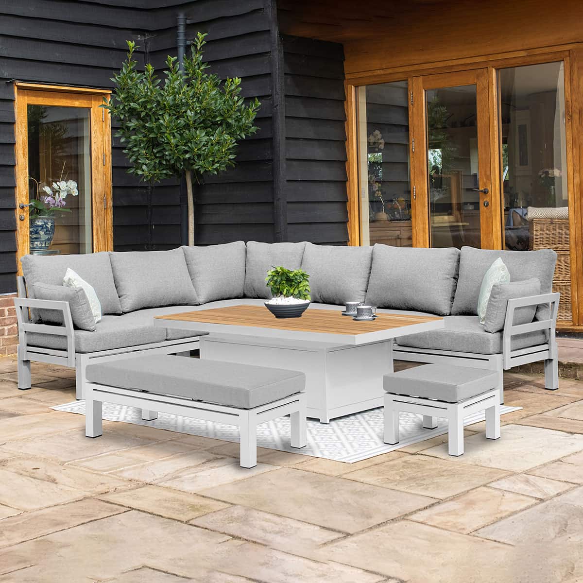 Aluminium corner sofa set with a bench, stool and rectangular rising table with teak table top #colour_white