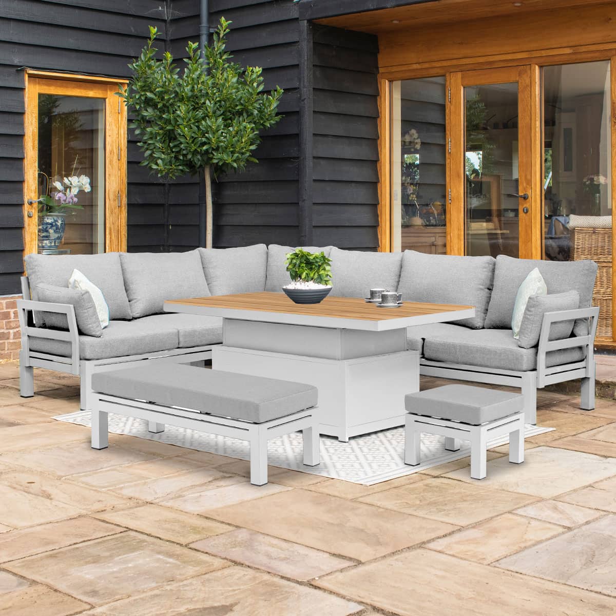 Aluminium corner sofa set with a bench, stool and rectangular rising table with teak table top #colour_white