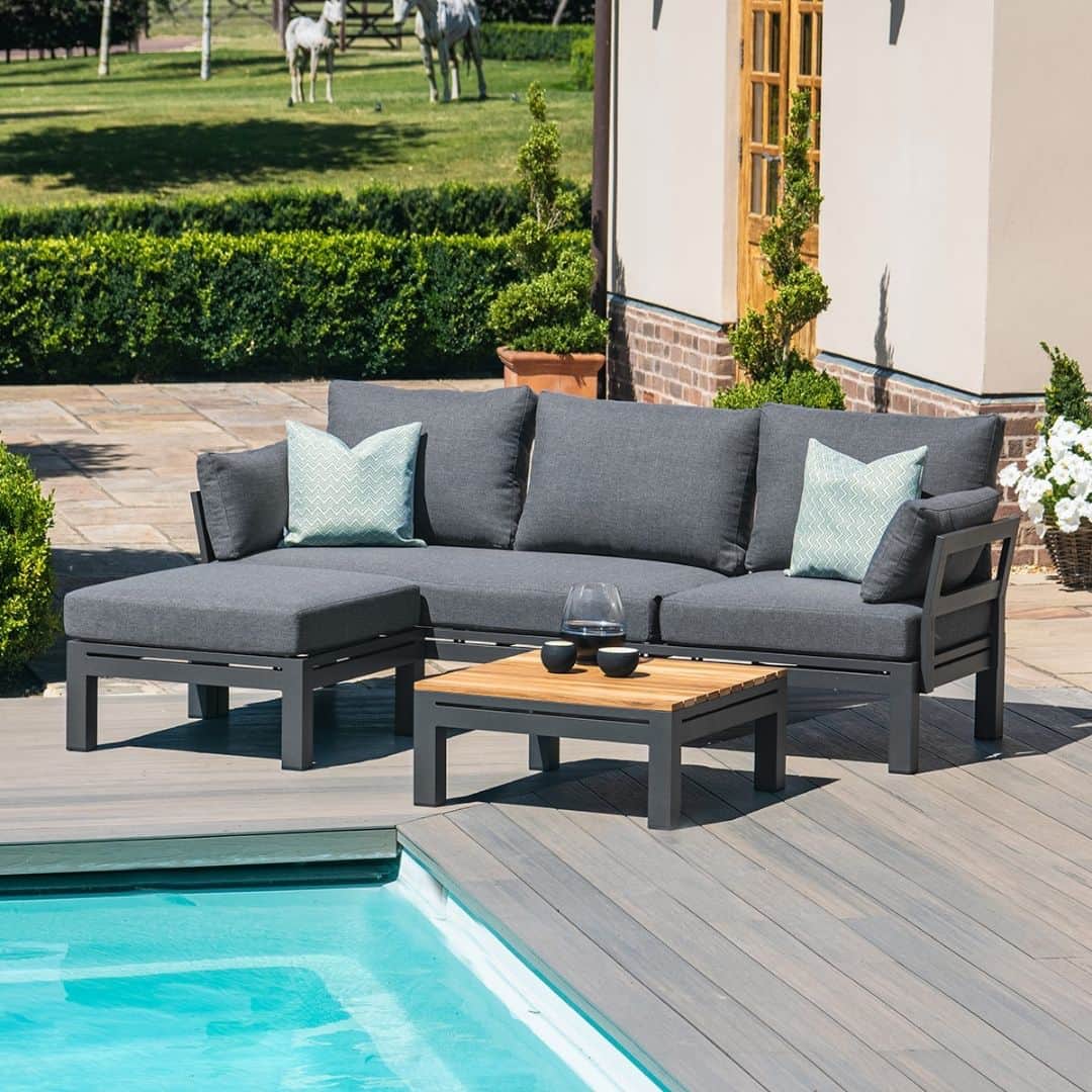 Aluminium chaise sofa set with teak table top coffee table #colour_charcoal