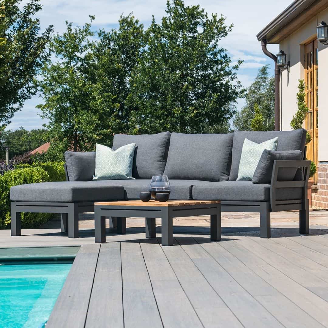Aluminium chaise sofa set with teak table top coffee table #colour_charcoal