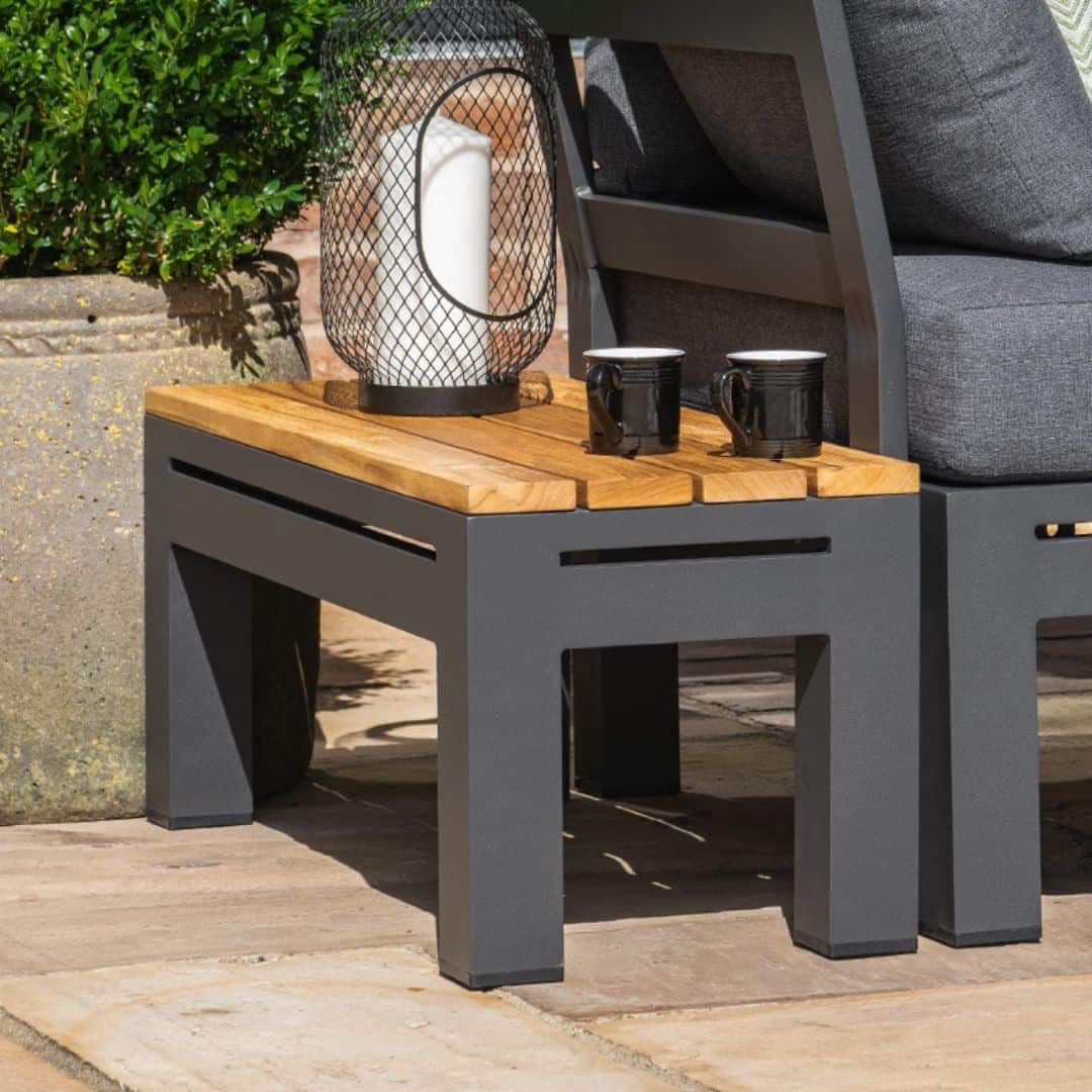 Aluminium rectangular side table with teak table top #colour_charcoal