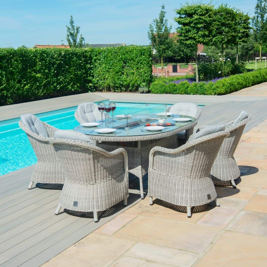 Light grey rattan 6 seat oval fire pit dining set with heritage chairs