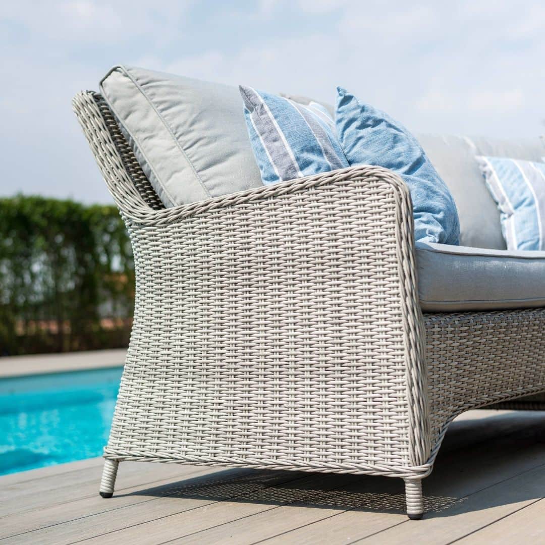 Close up of the light grey rattan sofa arm