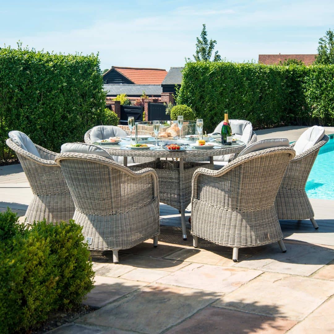 Light Grey Rattan 6 Seat Round Fire Pit Dining Set with Lazy Susan