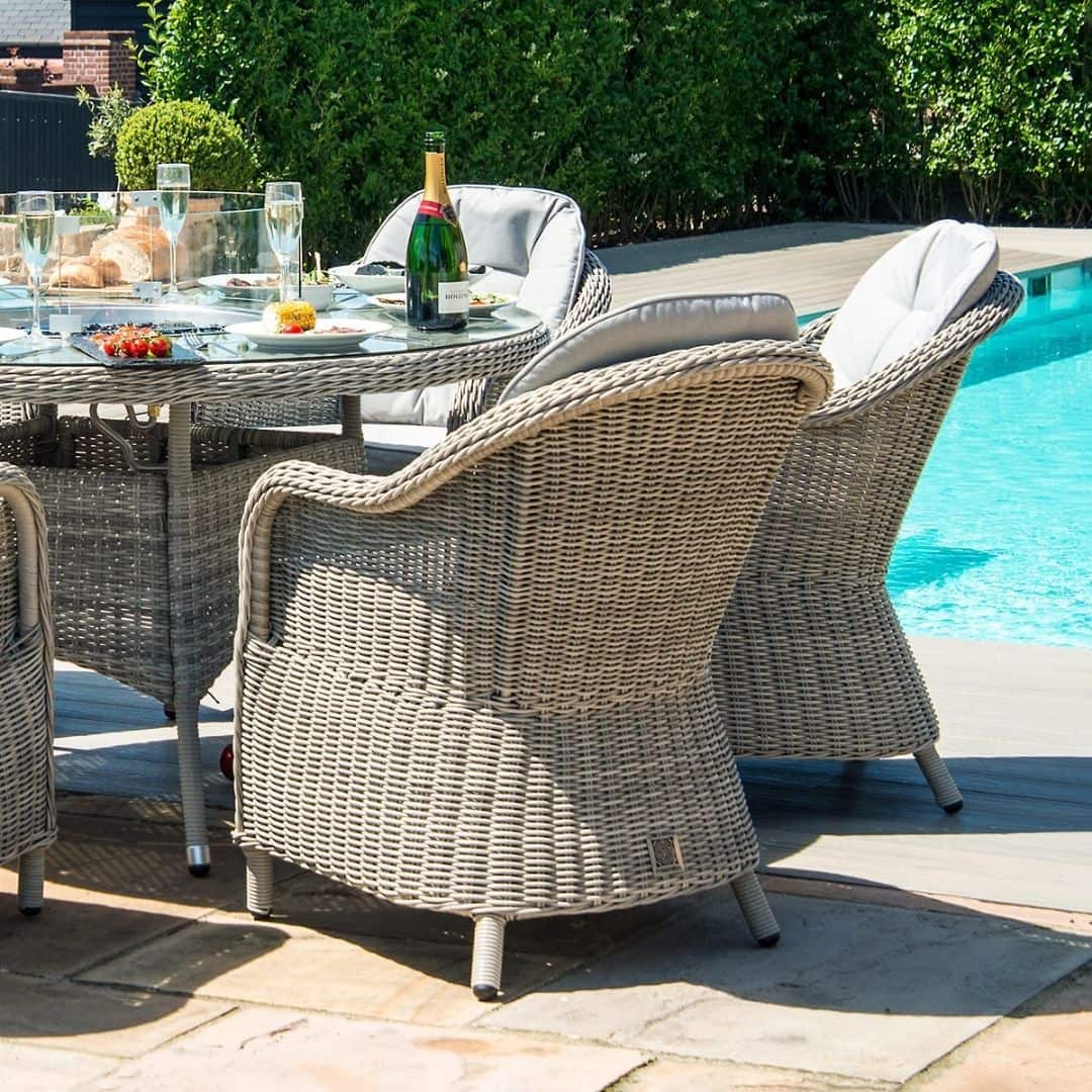 Light Grey Rattan 6 Seat Round Fire Pit Dining Set with Lazy Susan