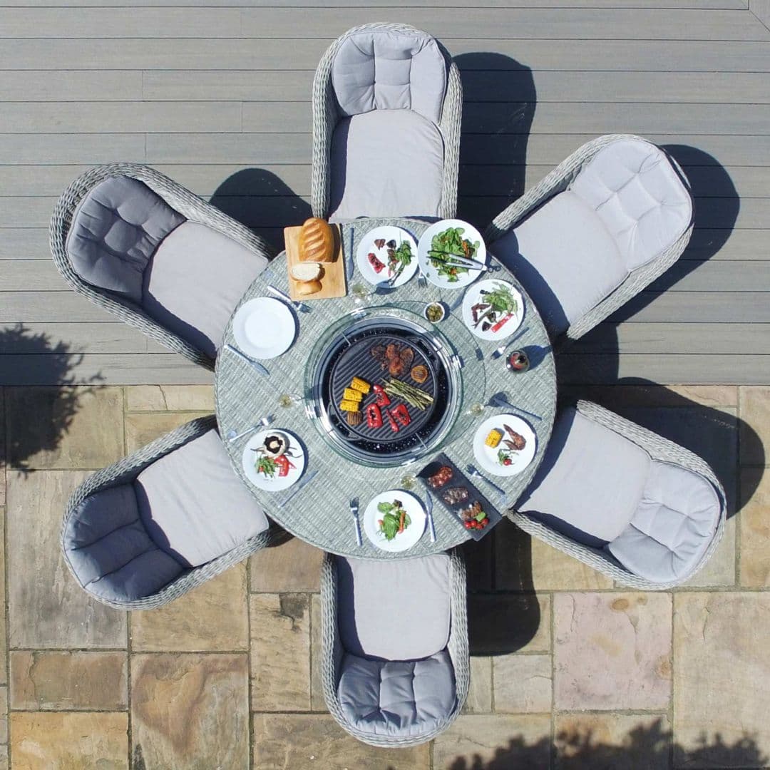 Light Grey Rattan 6 Seat Round Fire Pit Dining Set with Lazy Susan