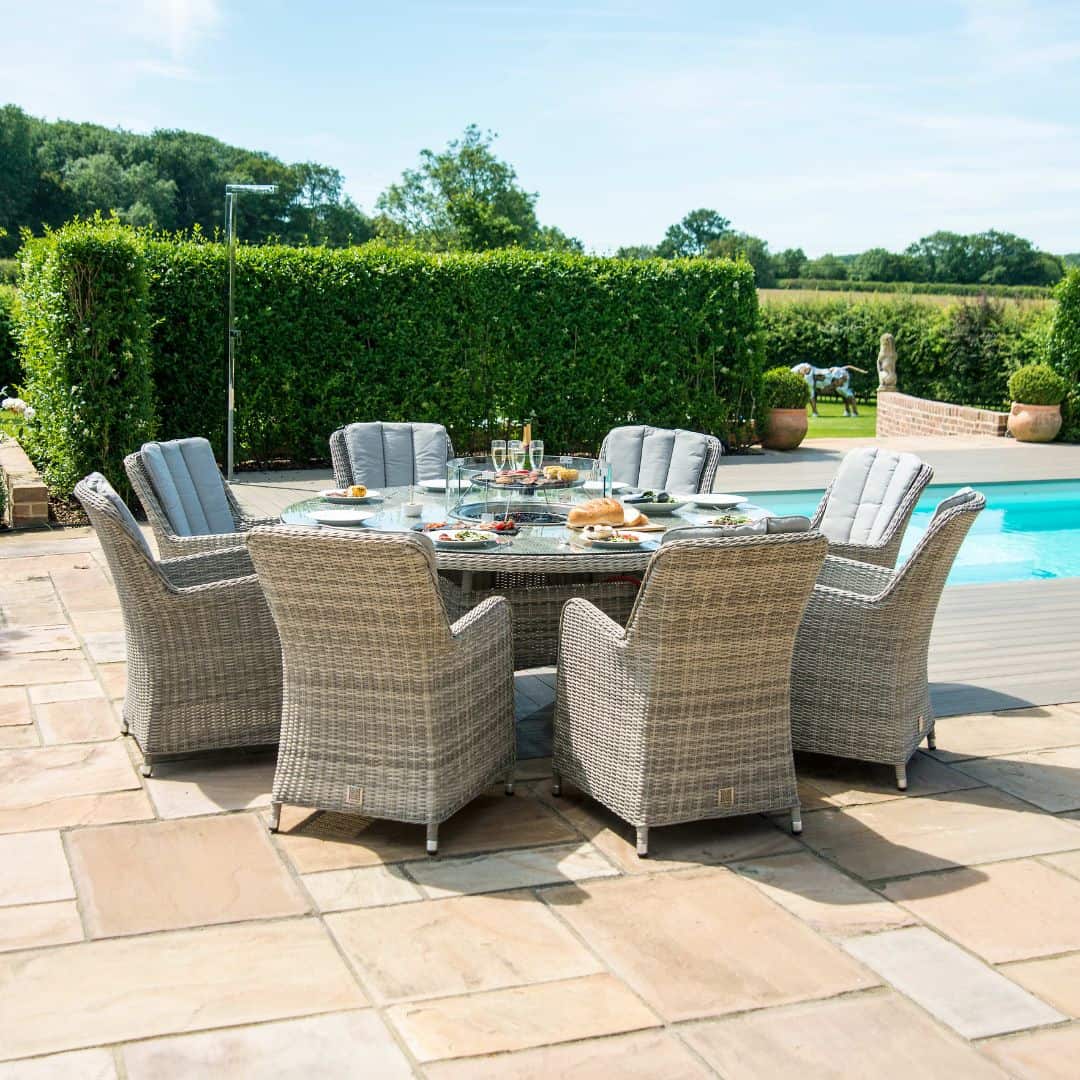 Light Grey Rattan 8 Seat Round Fire Pit Dining Set with Lazy Susan