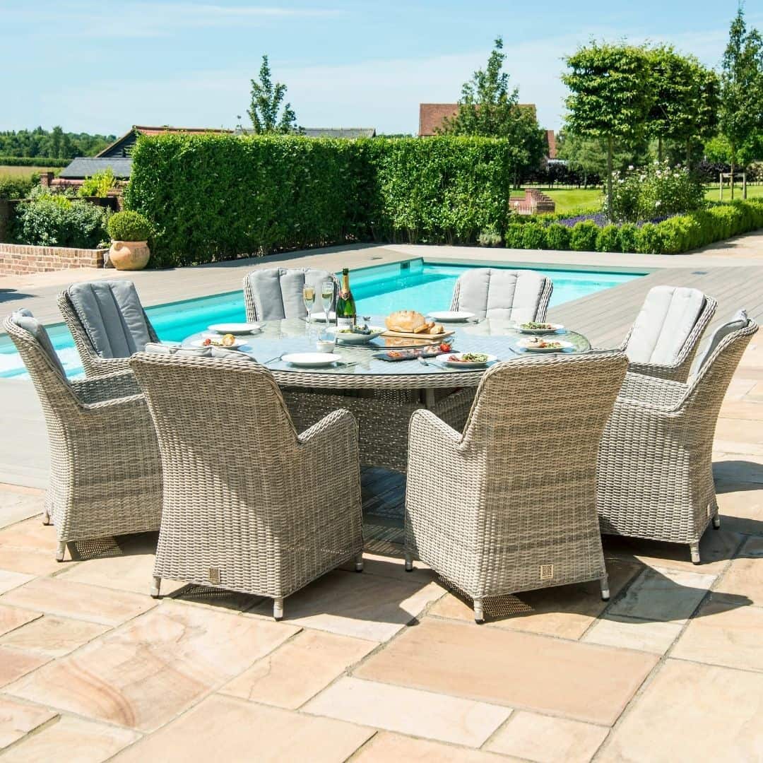 Light Grey Rattan 8 Seat Round Fire Pit Dining Set with Lazy Susan