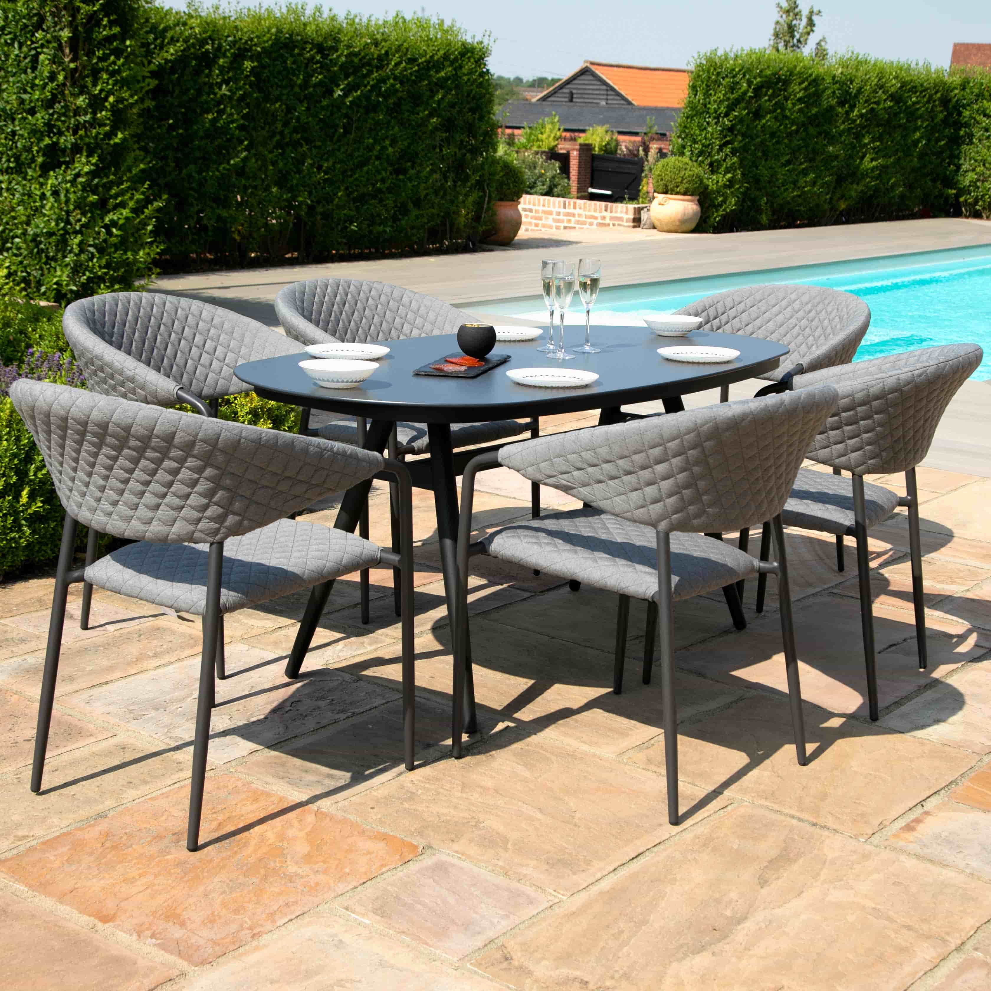 Fabric 6 seat oval dining set with quilted chairs #colour_flanelle