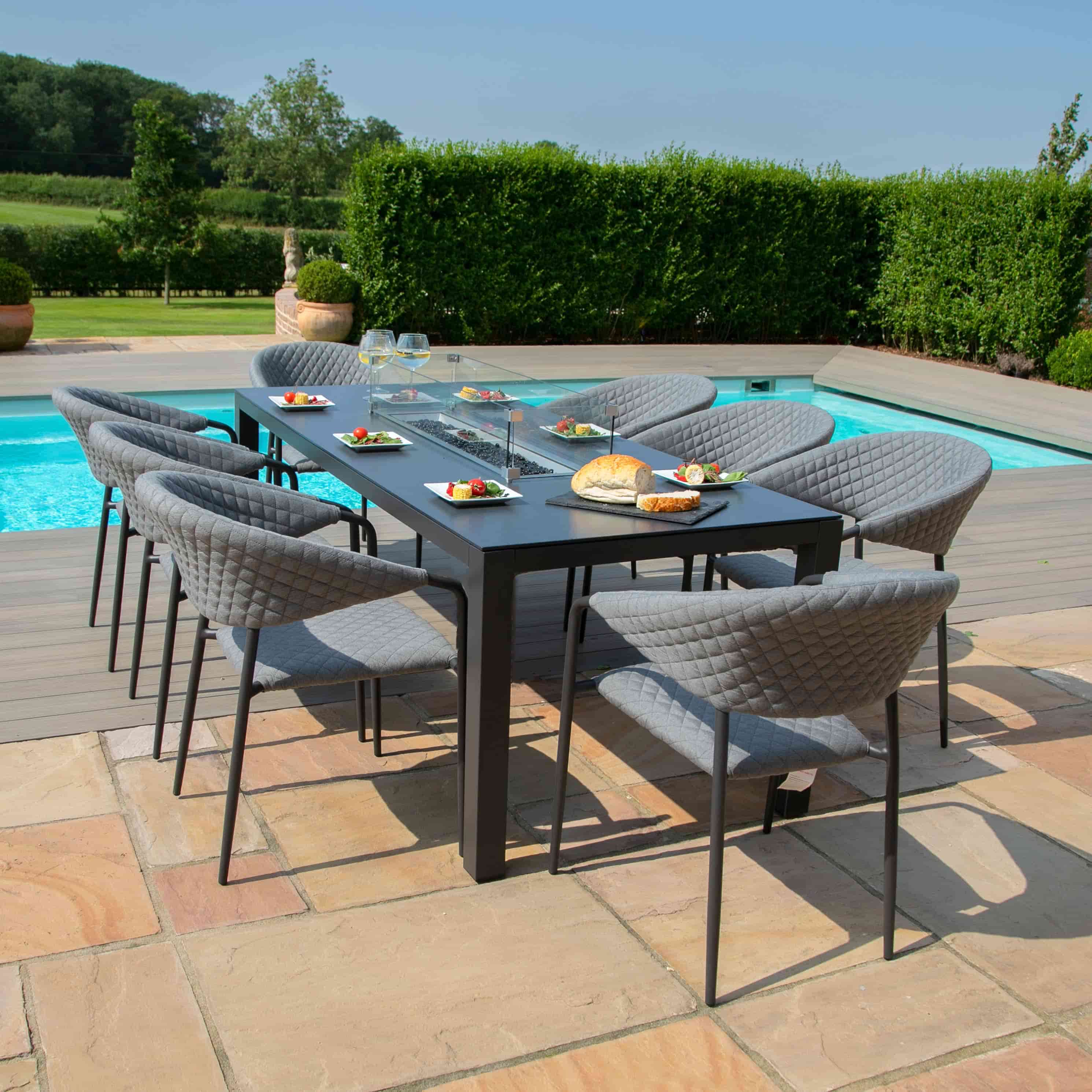 Fabric 8 seat rectangular fire pit dining set with quilted chairs #colour_flanelle