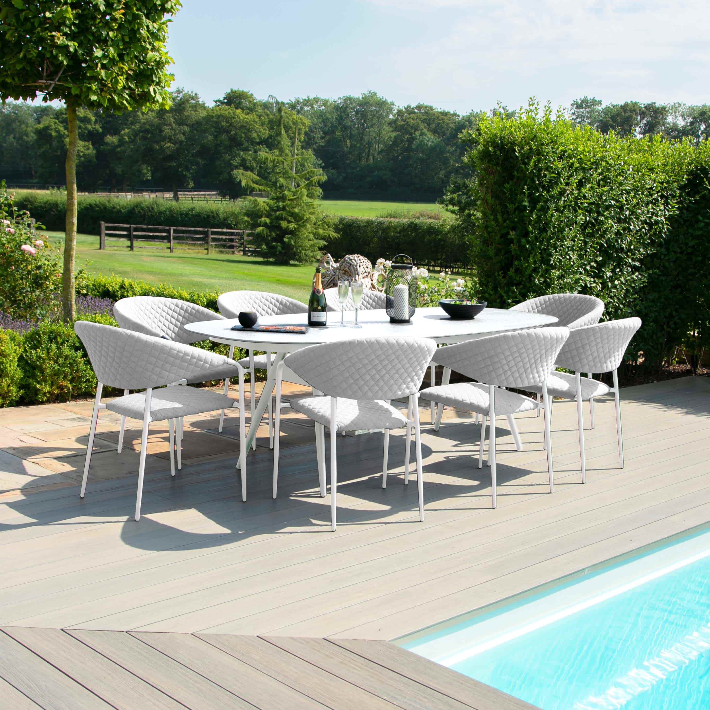 Fabric 8 seat oval dining set with quilted chairs #colour_lead chine