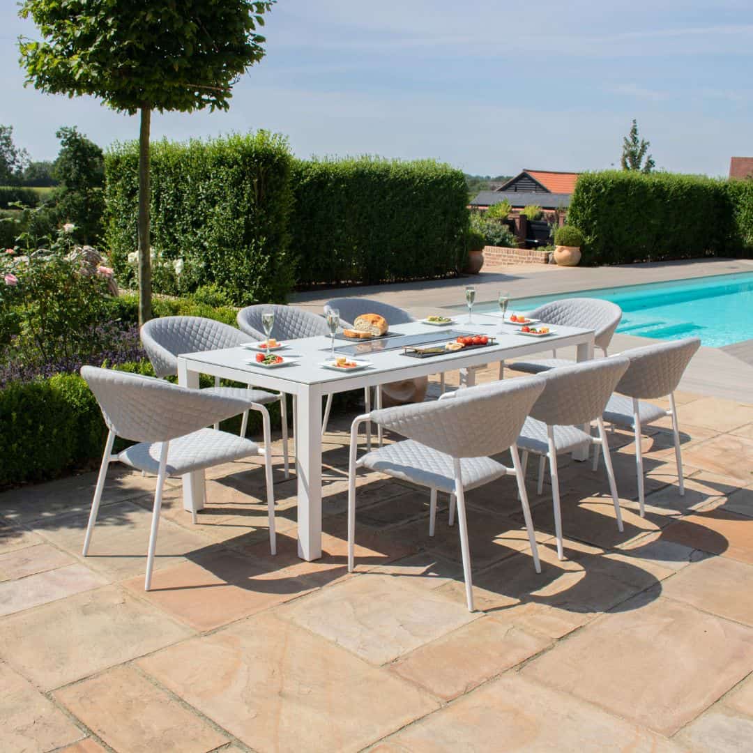 Fabric 8 seat rectangular fire pit dining set with quilted chairs #colour_lead chine