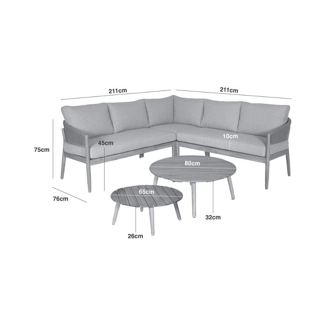 Dimension Footprint of an Acacia Wood and Brown Rope Weave Corner Sofa Set with 2 Round Coffee Table and 2 Armchairs
