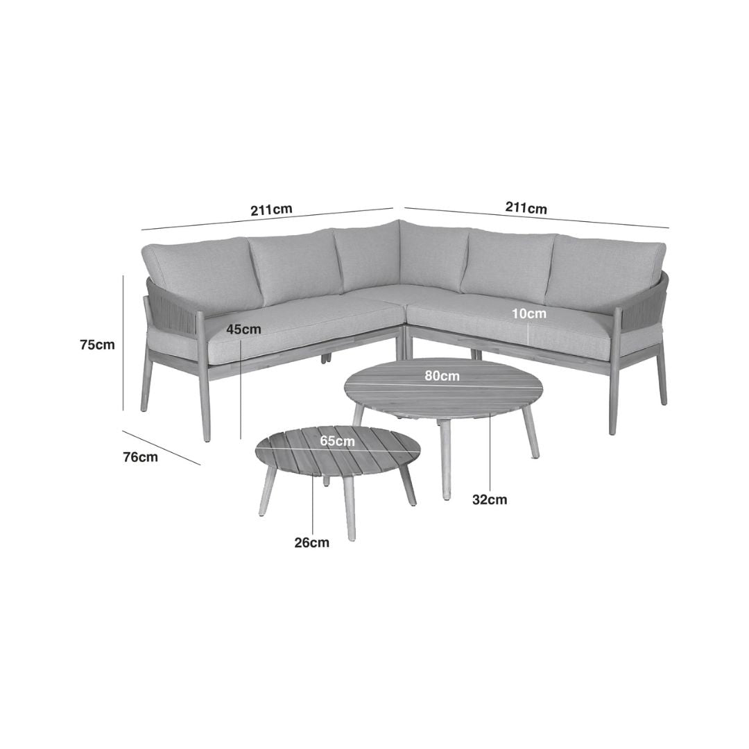 Dimension Footprint of an Acacia Wood and Brown Rope Weave Corner Sofa Set with 2 Round Coffee Table and an Armchair