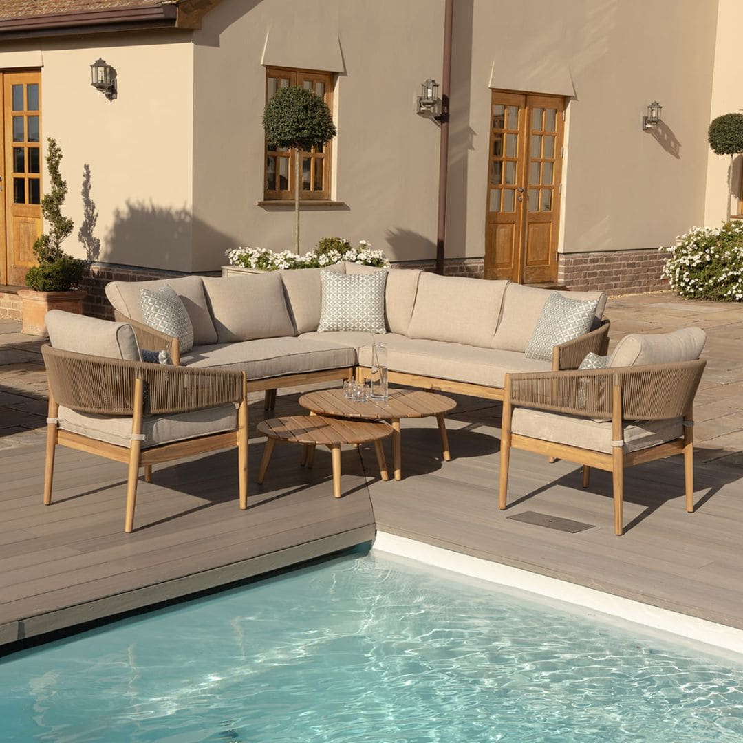 Acacia Wood and Brown Rope Weave Corner Sofa Set with 2 Round Coffee Table and 2 Armchairs