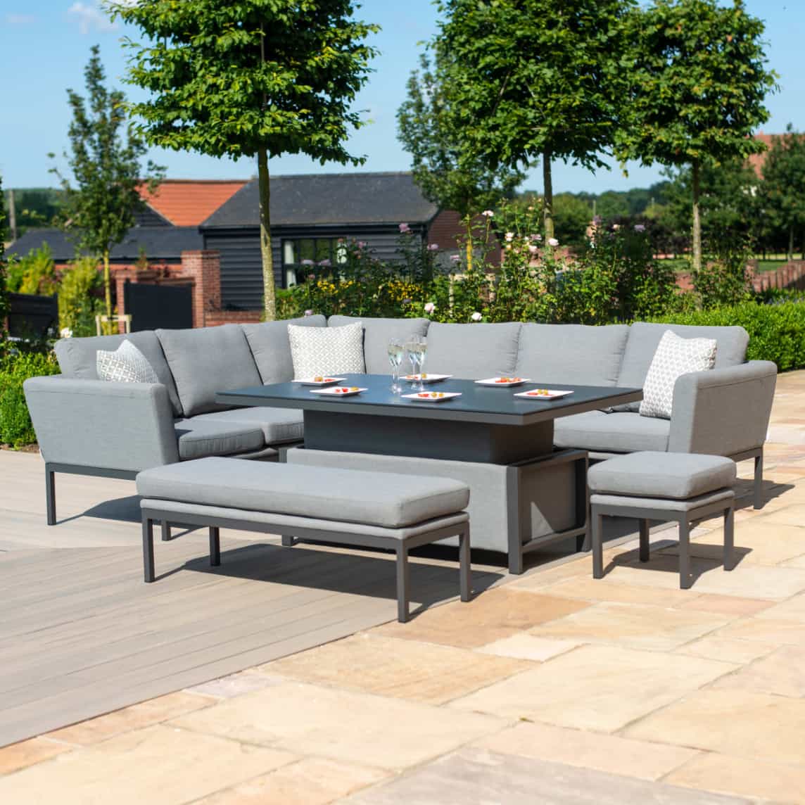 Fabric corner sofa dining set with rectangular rising table, one stool and bench #colour_flanelle