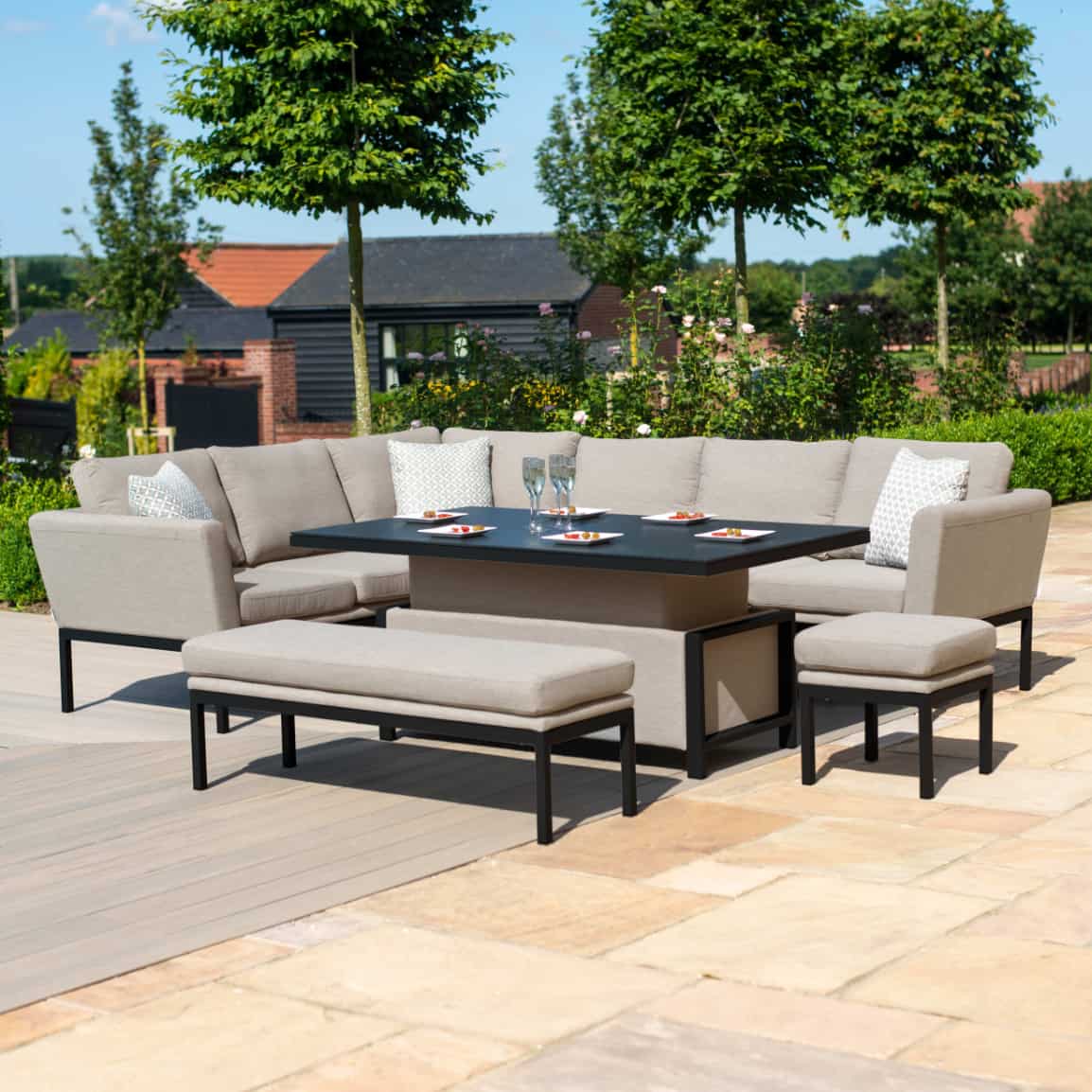 Fabric corner sofa dining set with rectangular rising table, one stool and bench #colour_taupe