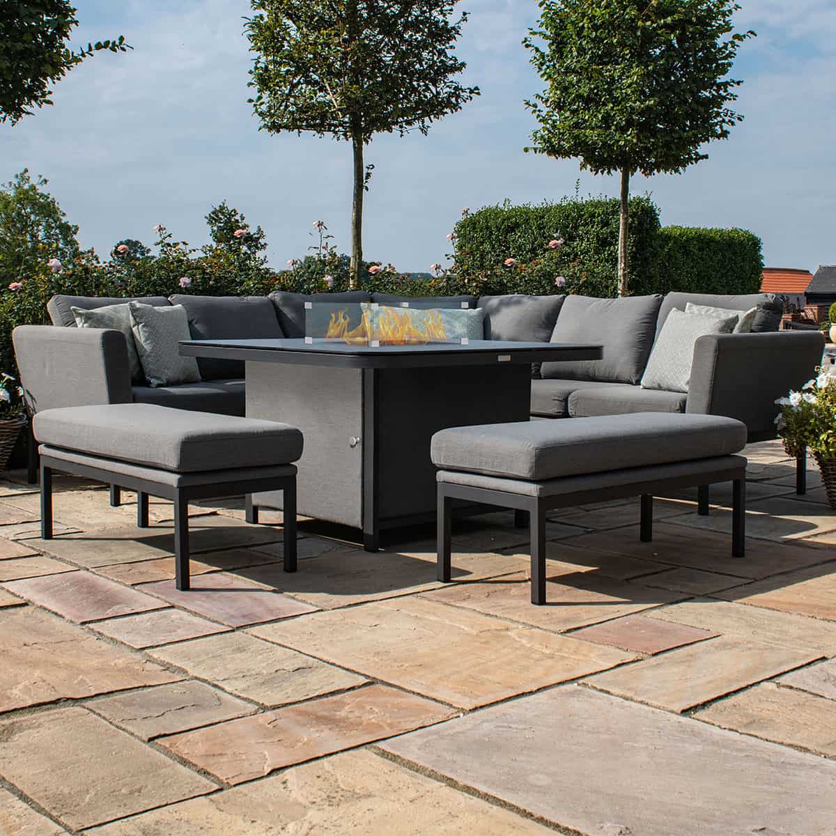 Fabric square corner dining set with firepit table and two benches #colour_flanelle