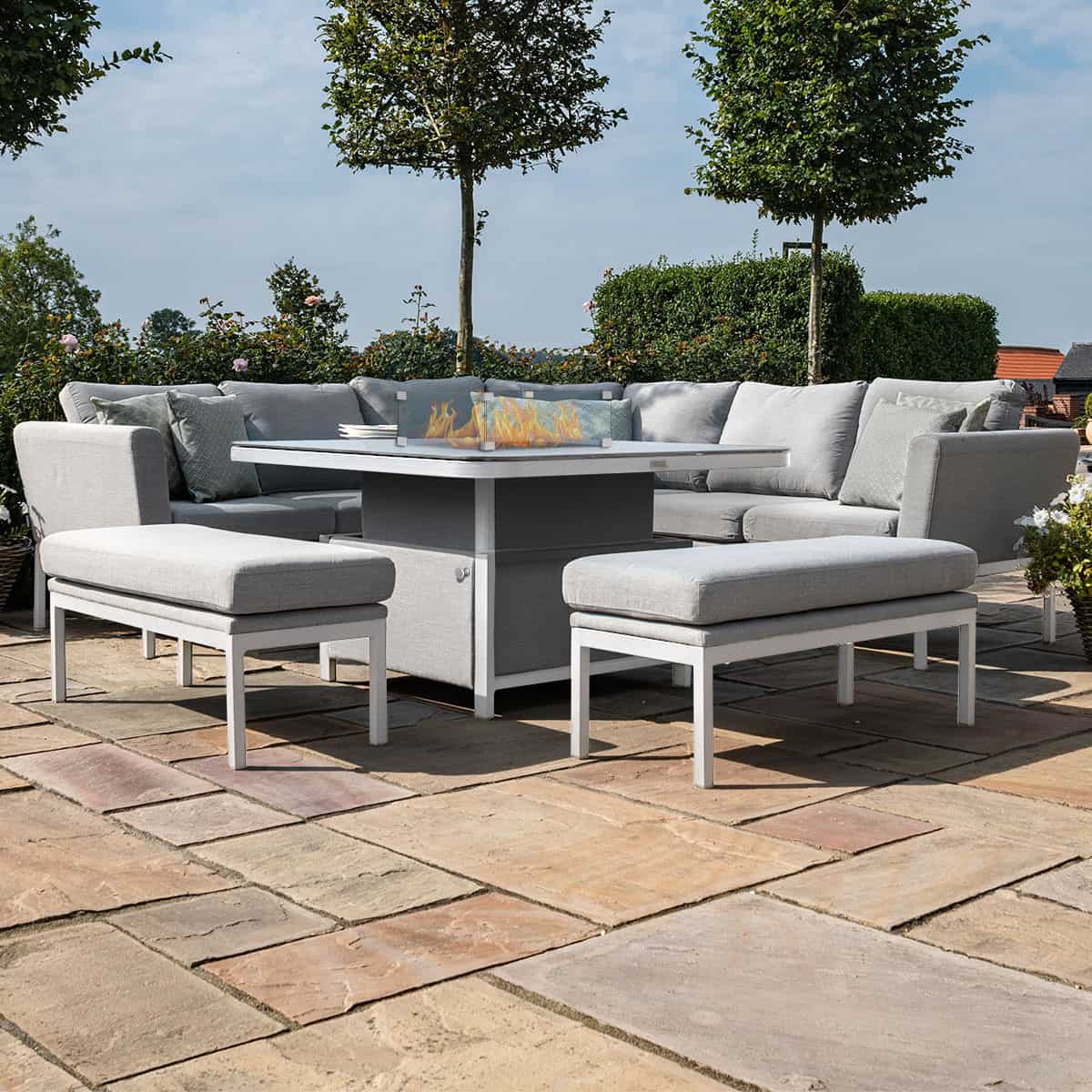 Fabric square corner dining set with firepit table and two benches #colour_lead chine