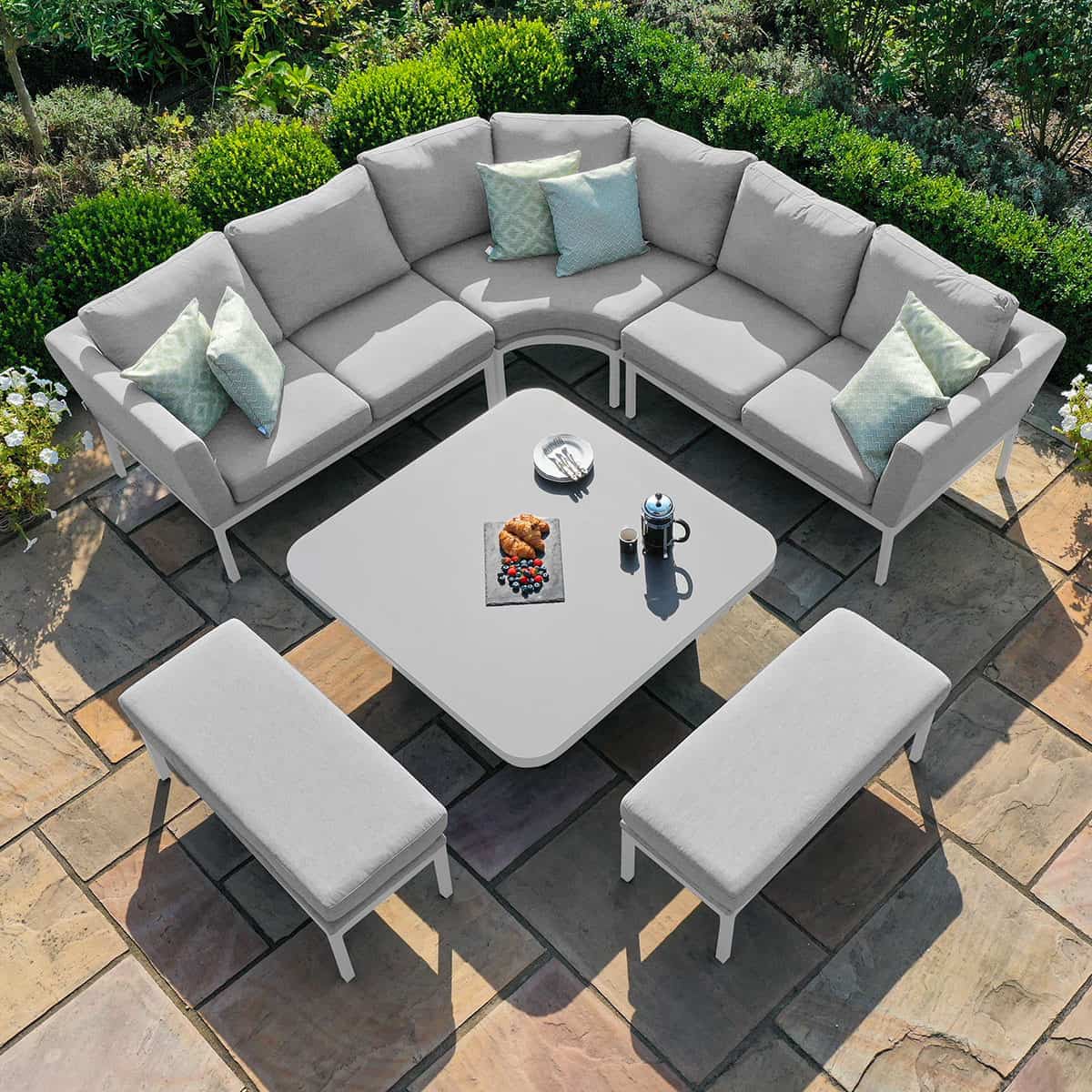 Fabric square corner dining set with firepit table and two benches #colour_lead chine