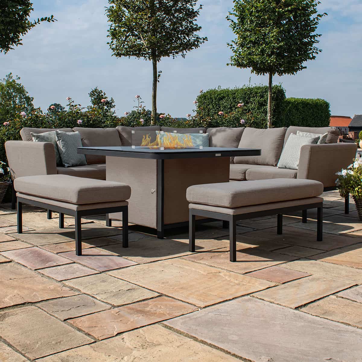 Fabric square corner dining set with firepit table and two benches #colour_taupe