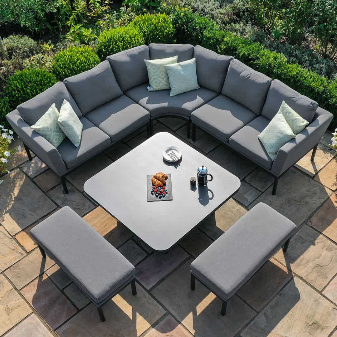 Fabric corner dining set with square rising table and two benches #colour_flanelle