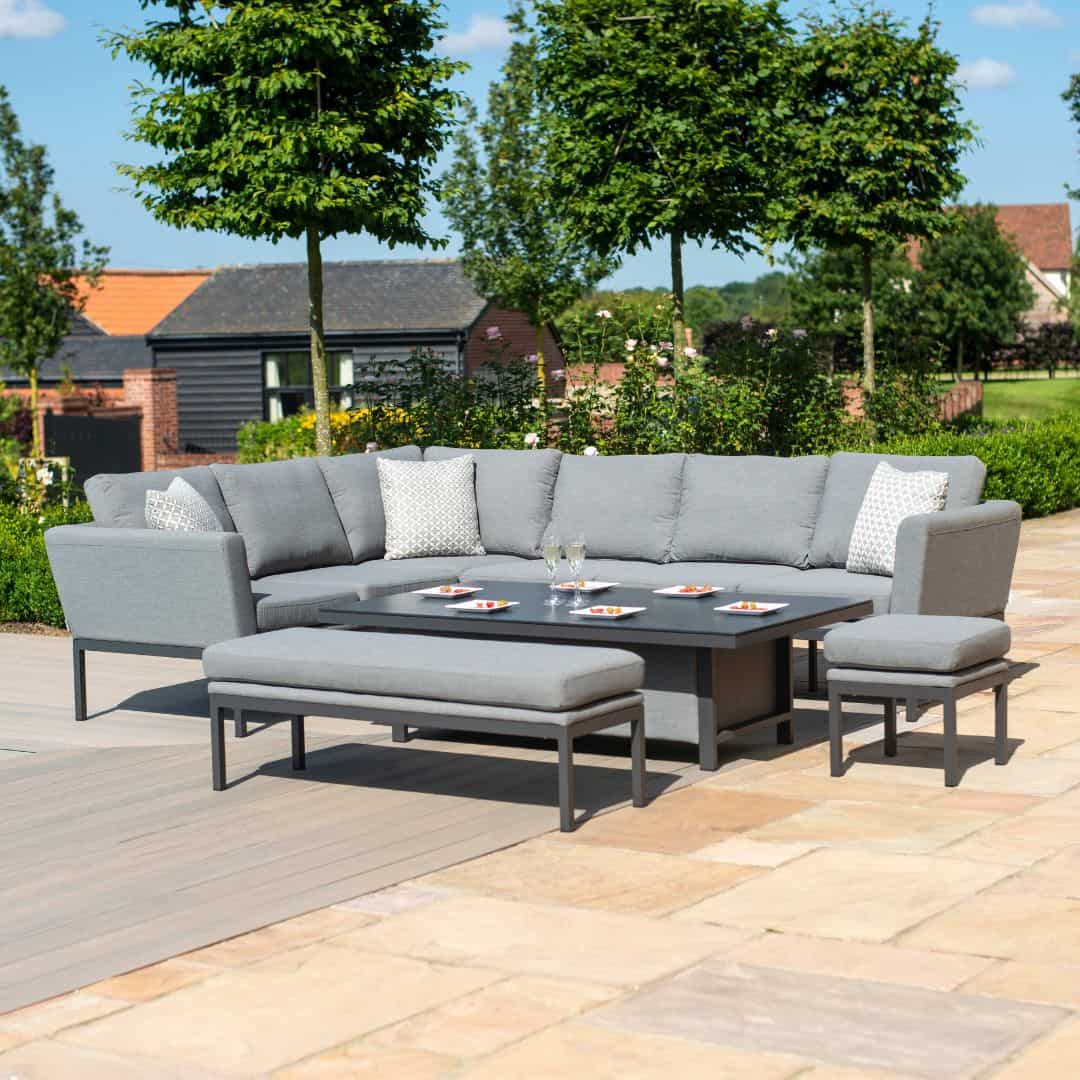 Fabric corner sofa dining set with rectangular rising table, one stool and bench #colour_flanelle