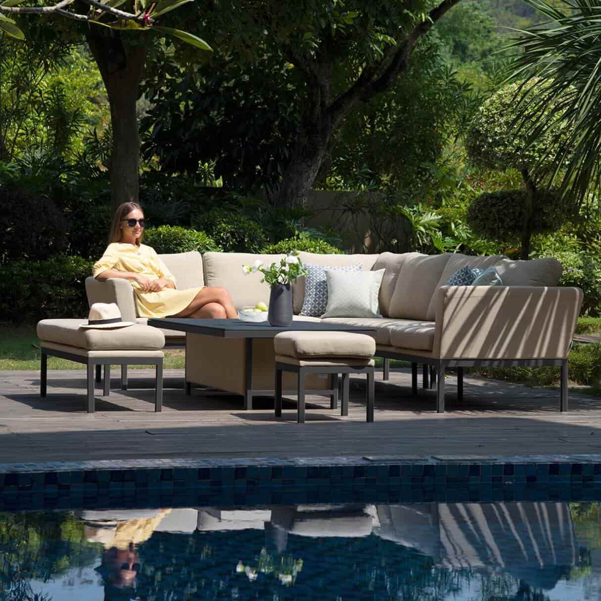 Fabric corner sofa dining set with rectangular rising table, one stool and bench #colour_oatmeal