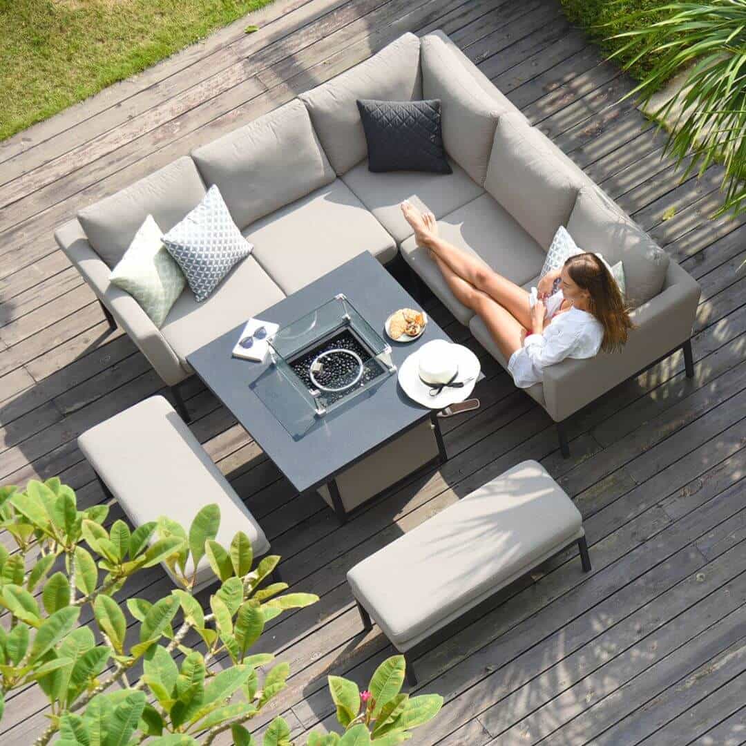 Fabric corner sofa dining set with square fire pit table #colour_oatmeal