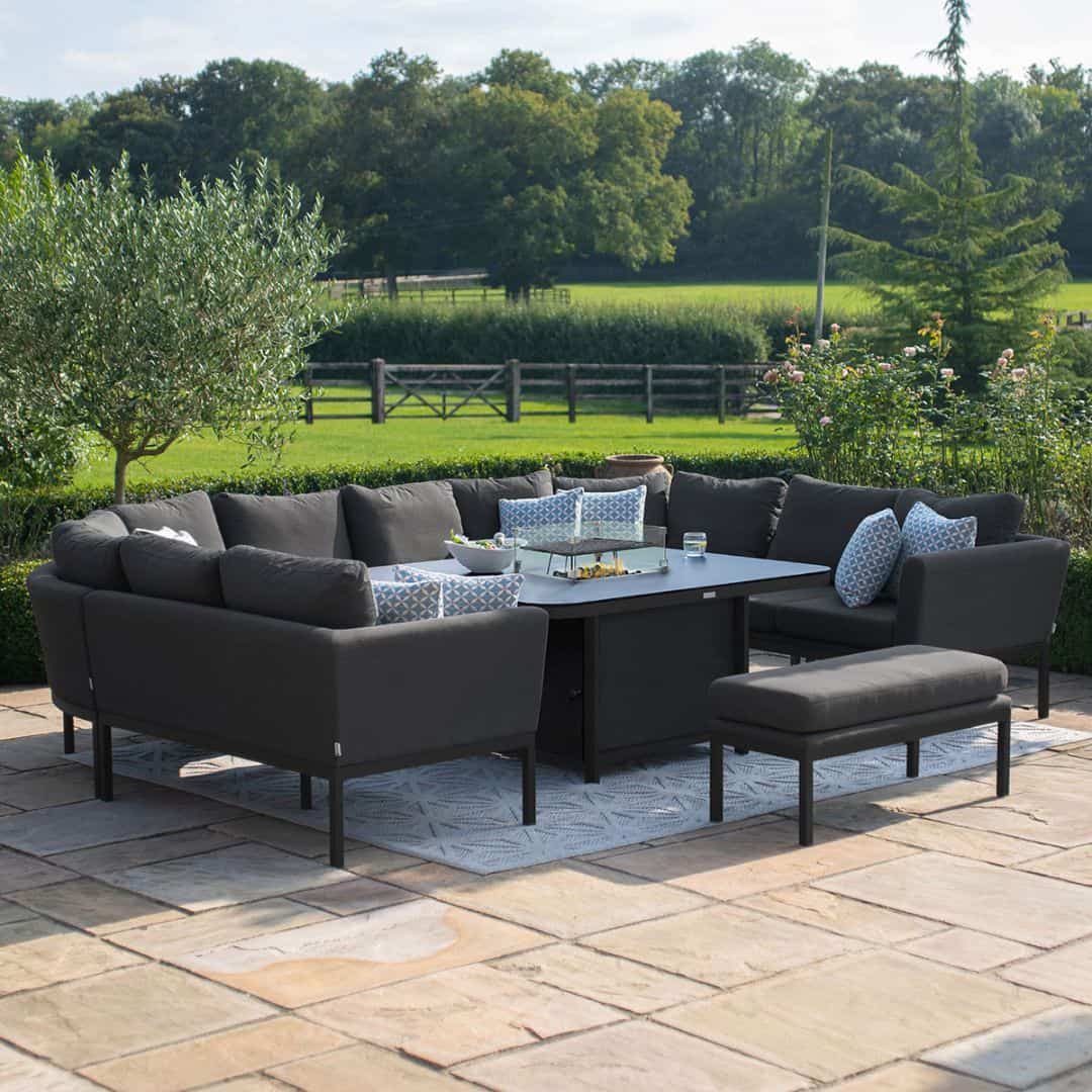 Fabric u-shape sofa dining set with a bench and fire pit table #colour_charcoal
