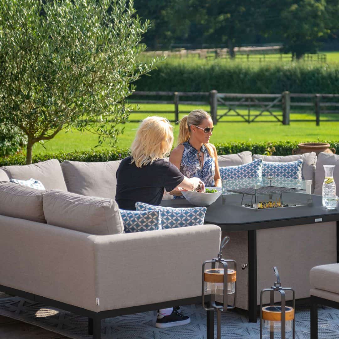 Fabric u-shape sofa dining set with a bench and fire pit table #colour_taupe