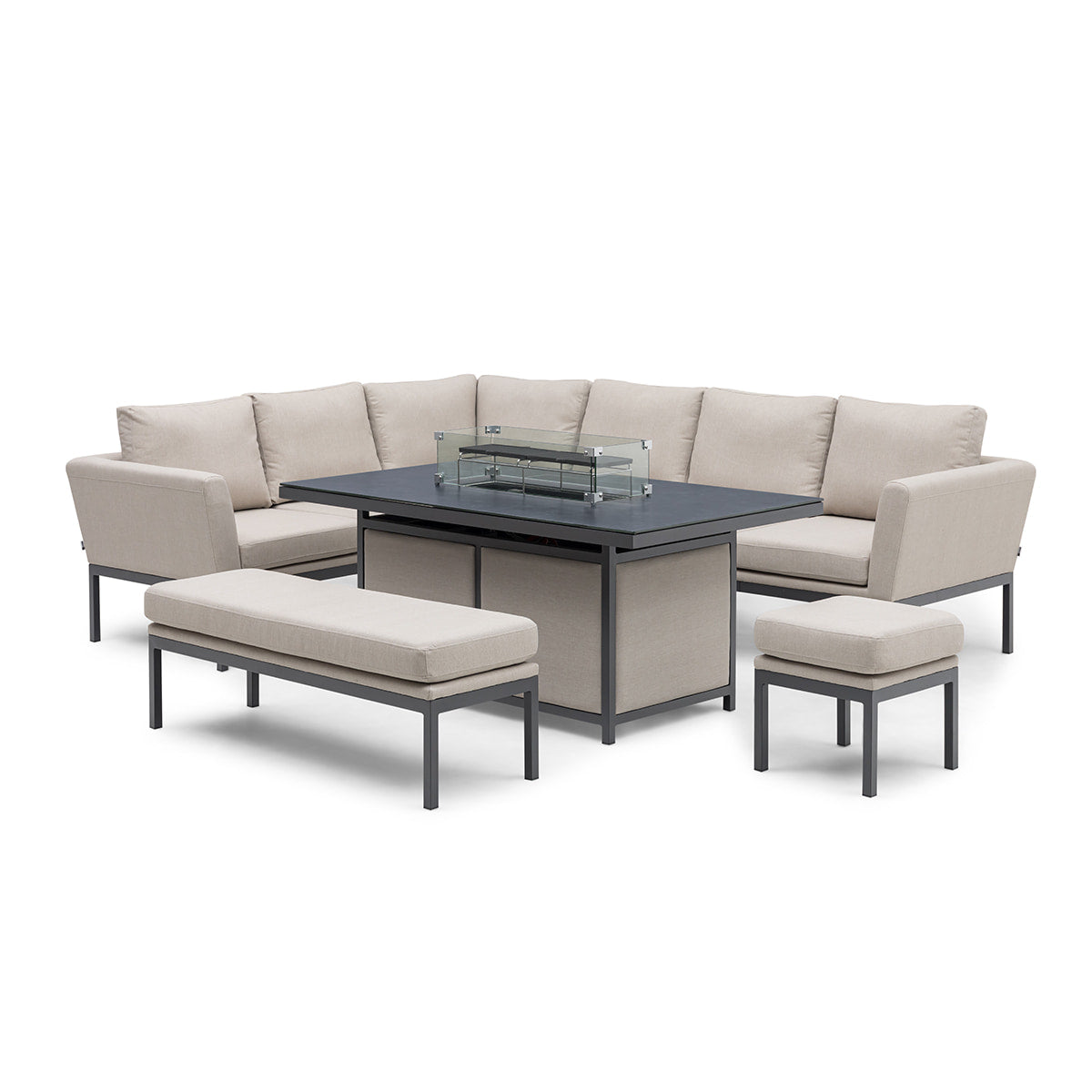 Fabric corner sofa dining set with rectangular fire pit table, bench and one stool #colour_oatmeal