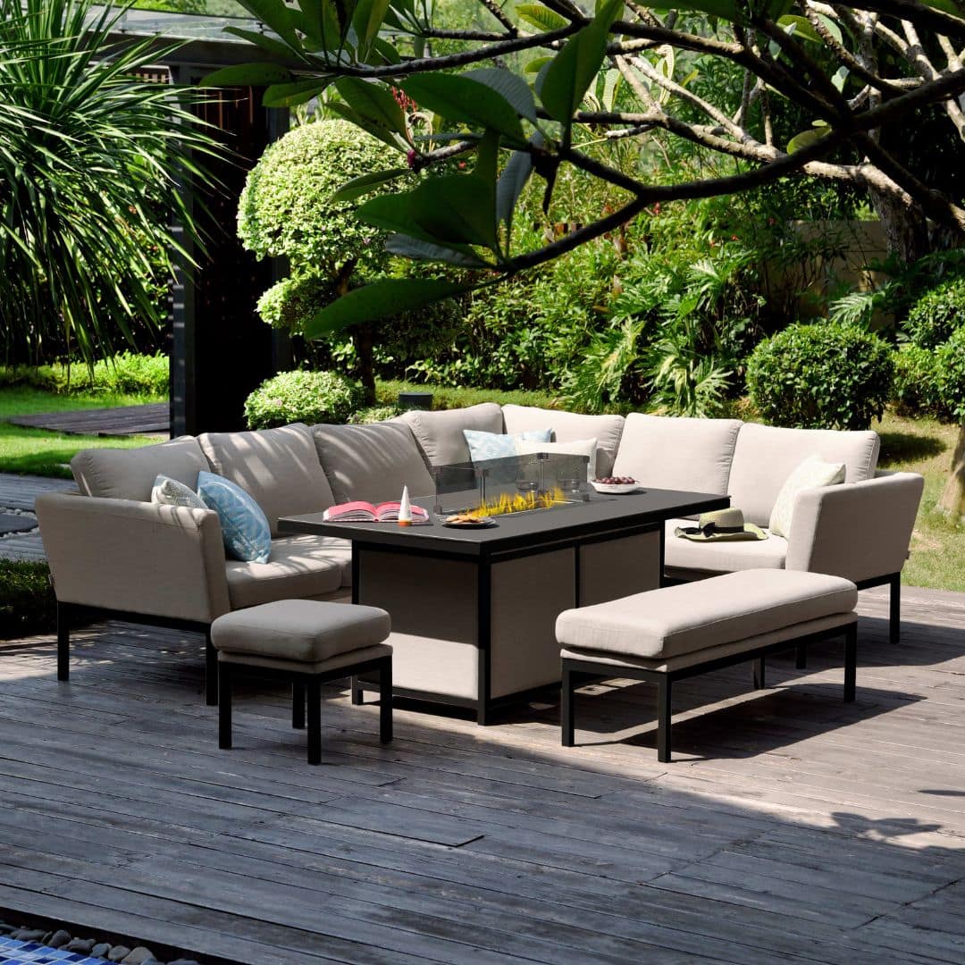 Fabric corner sofa dining set with rectangular fire pit table, bench and one stool #colour_taupe