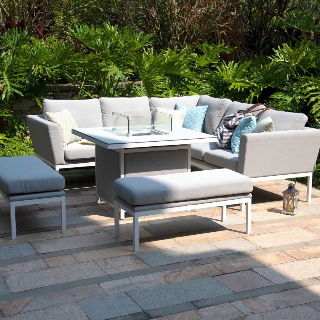 Fabric corner sofa dining set with square fire pit table #colour_lead chine