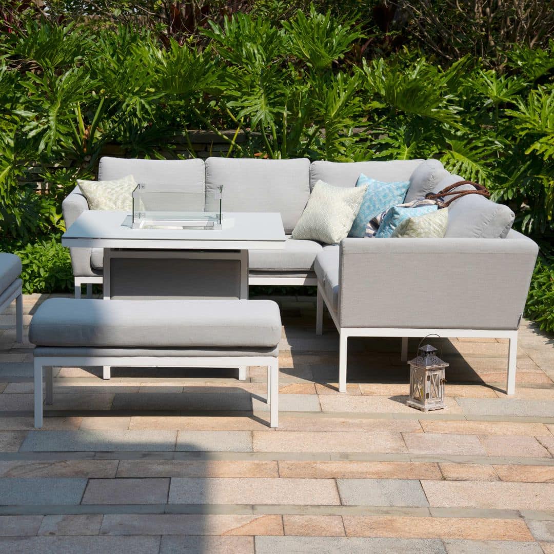 Fabric corner sofa dining set with square fire pit table #colour_lead chine